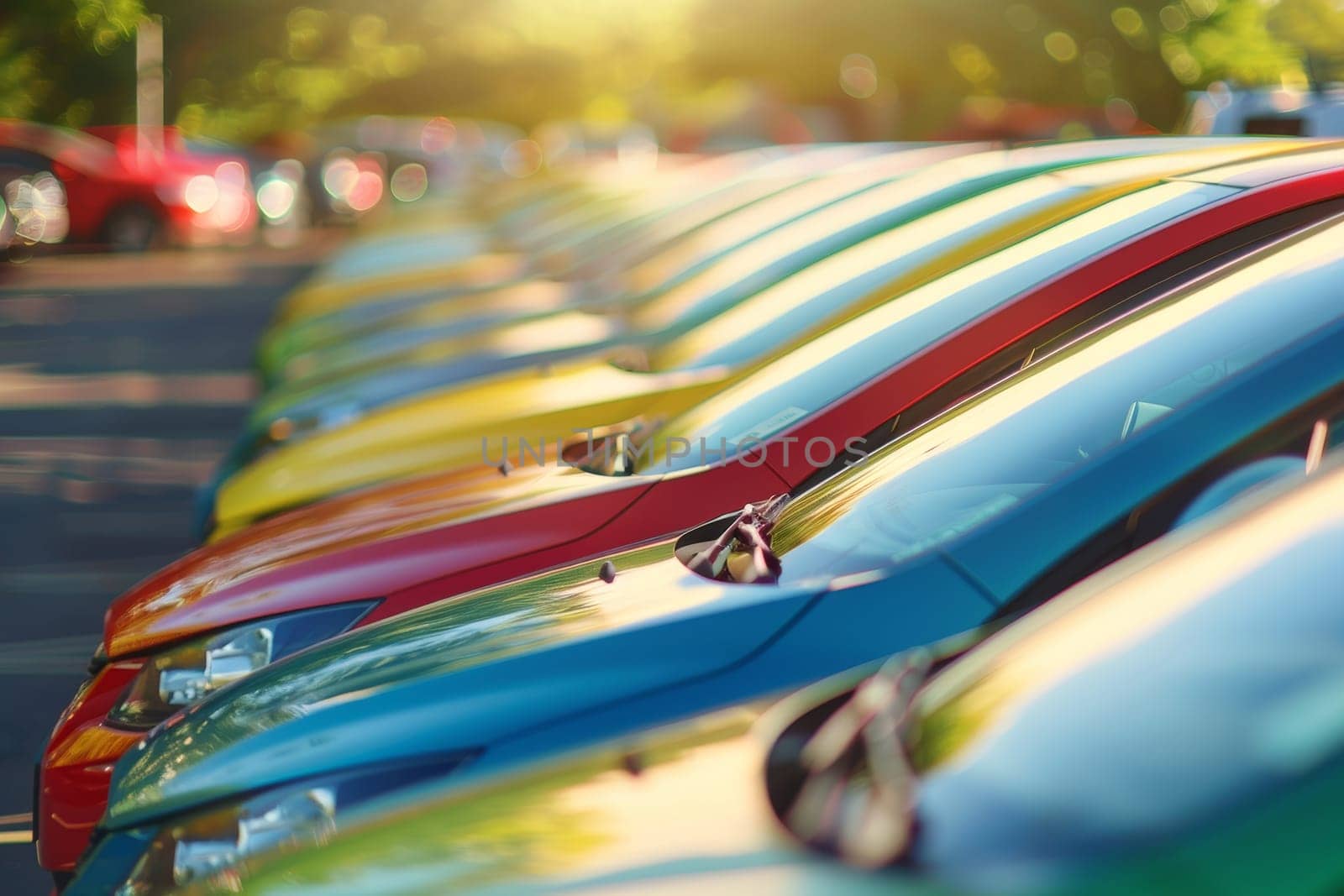 A parade of vintage cars in a dazzling array of vivid colors, including red, blue, yellow, and green, is captured against a backdrop of lush greenery and sunlight, creating joyful and nostalgic scene