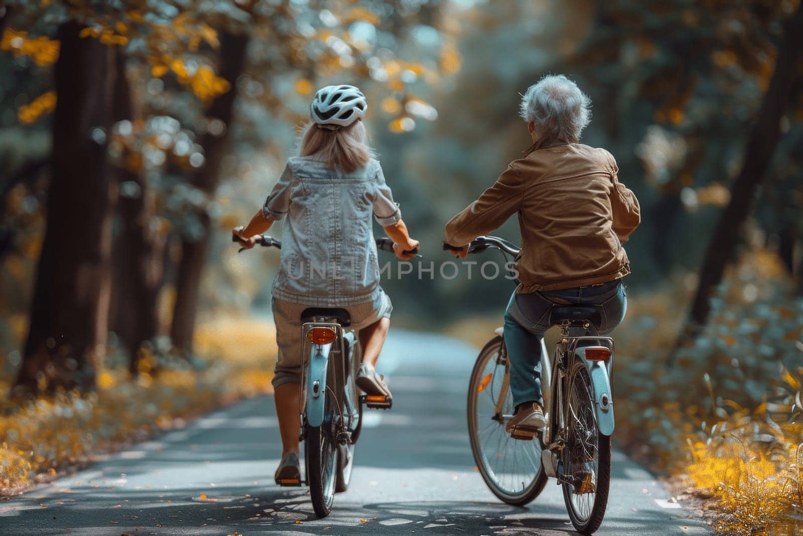 Two fun-loving seniors bike together in the fall to stay fit and healthy. Active elderly couple on bicycles.