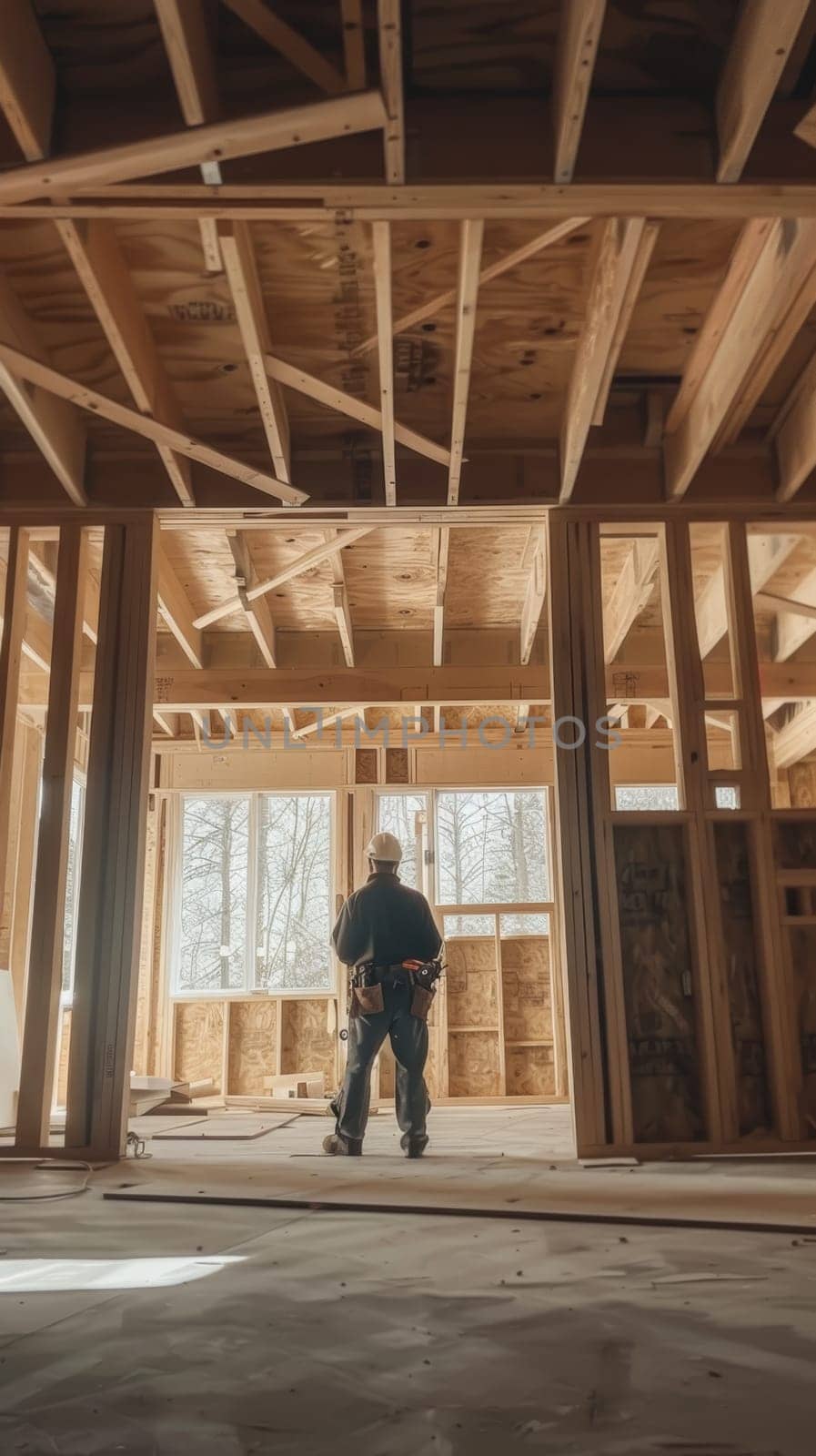 The intricate wooden framing of an unfinished building interior is visible, with support beams, studs, and joists creating a complex network of structural elements. by sfinks