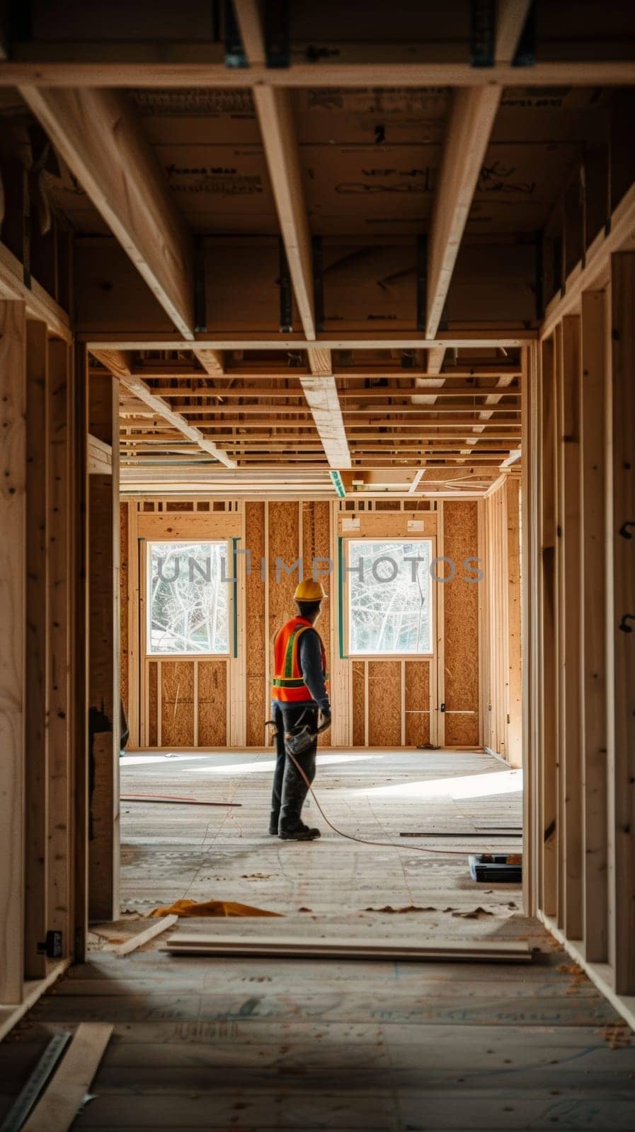 The intricate network of wooden support beams, studs, and joists that make up the framing of an unfinished building interior is visible, showcasing the structural elements of the construction project