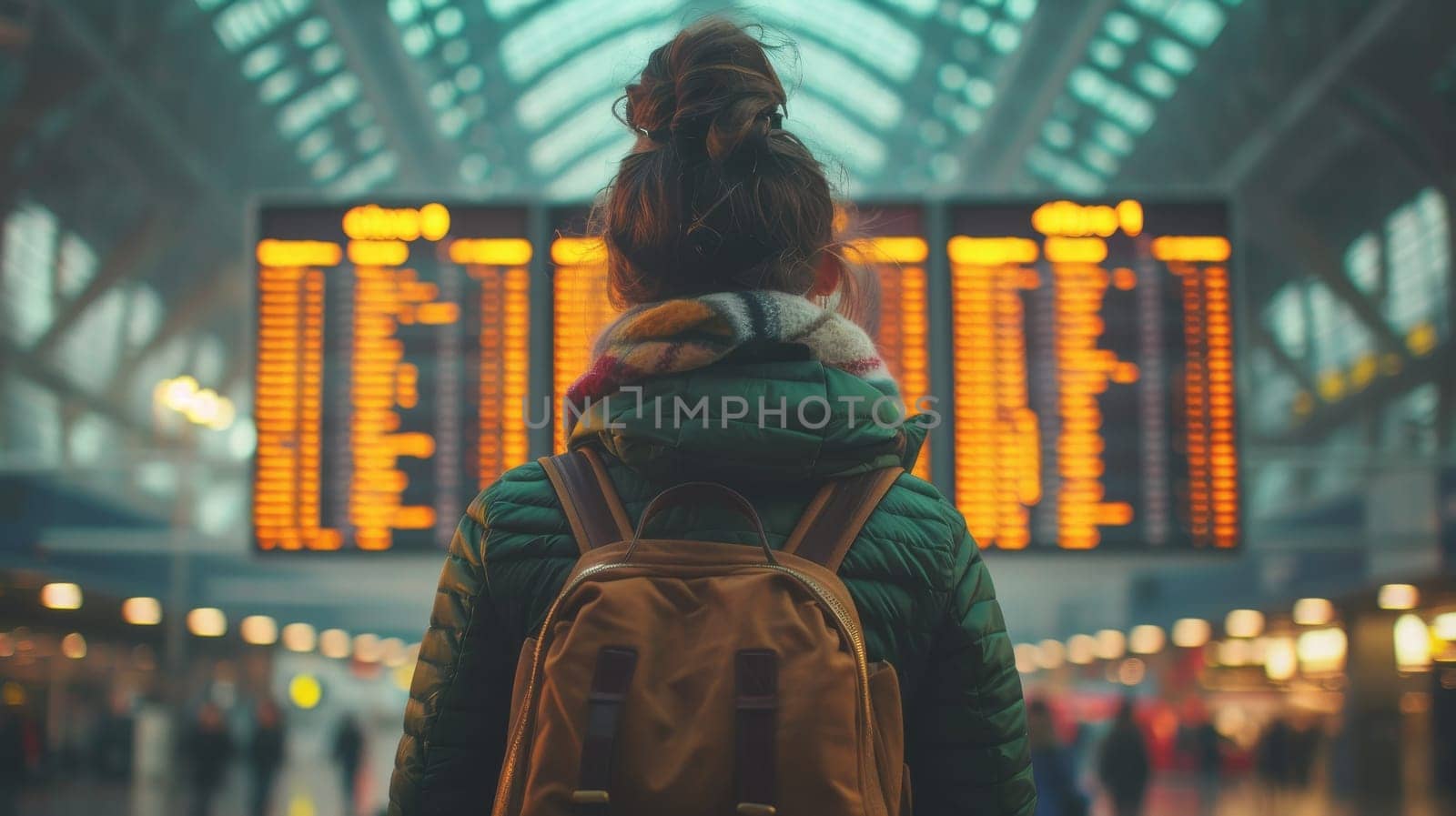 Young backpacker looking at flight board. Travel and sightseeing concept.