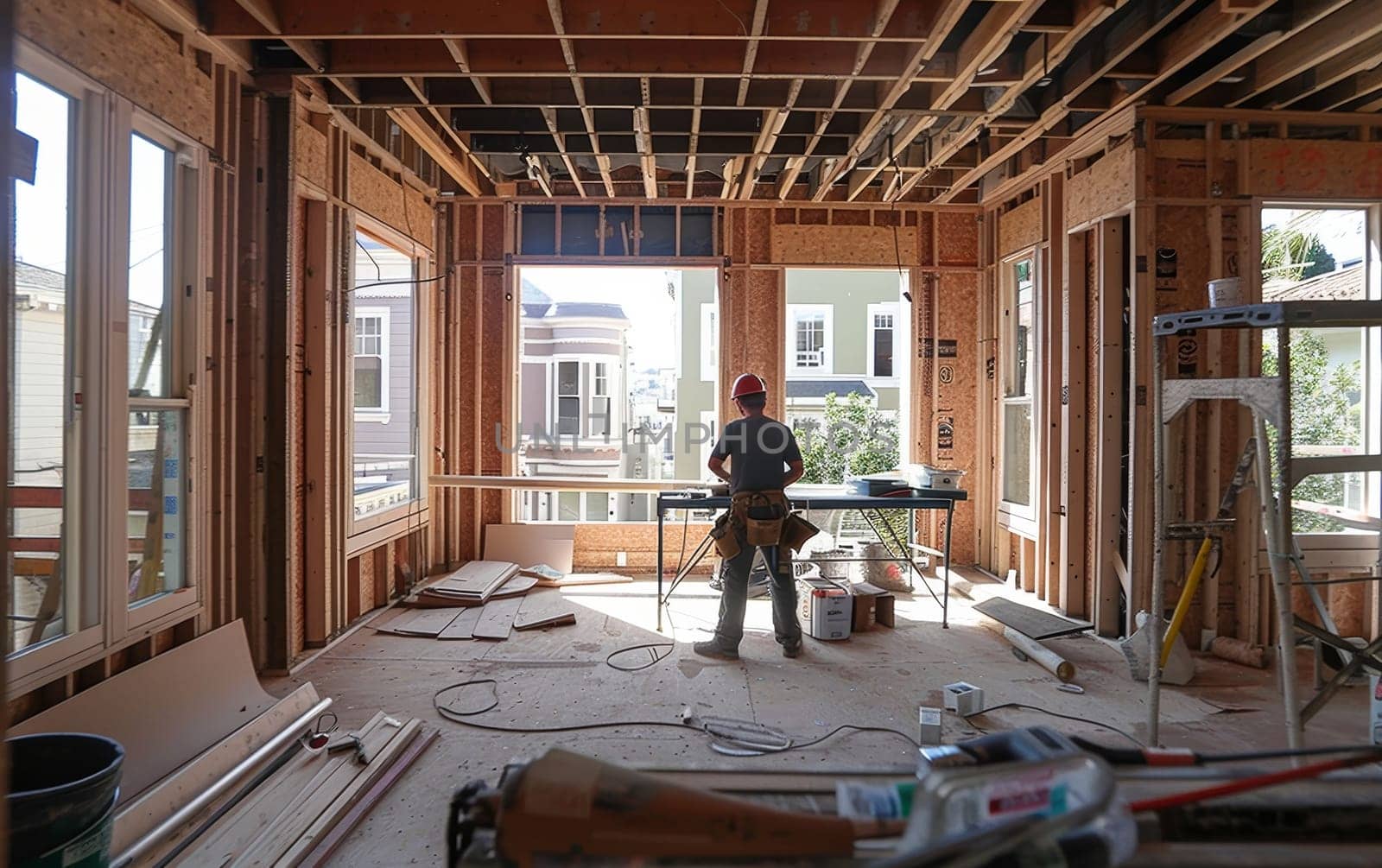 A construction worker in a safety vest stands on a ladder, overseeing the framing of a new home under construction. The wooden beams and panels create a skeletal structure with large windows. by sfinks