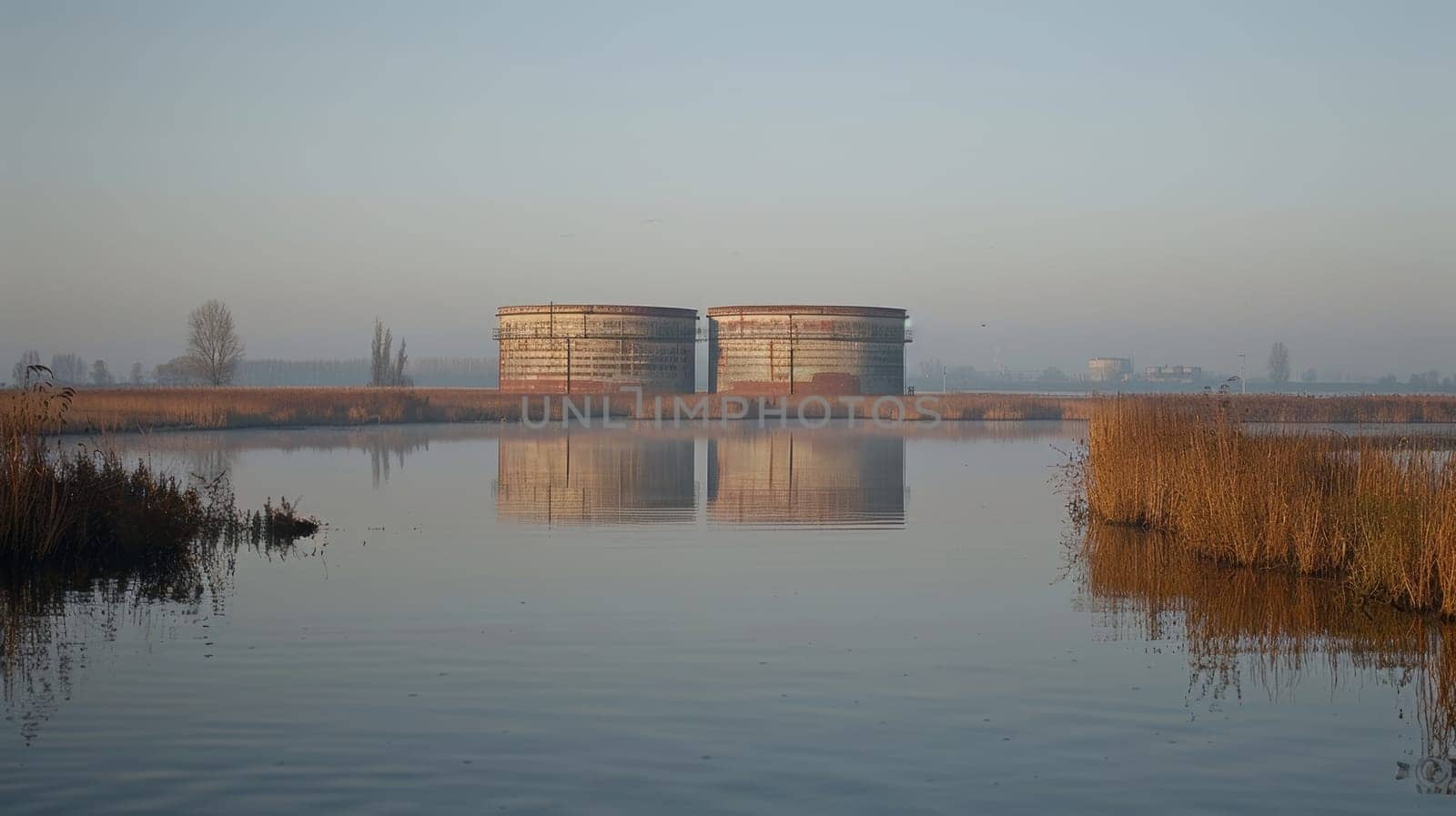 Two large tanks or containers float in the middle of a scenic lake or river, surrounded by lush greenery and birds in flight.