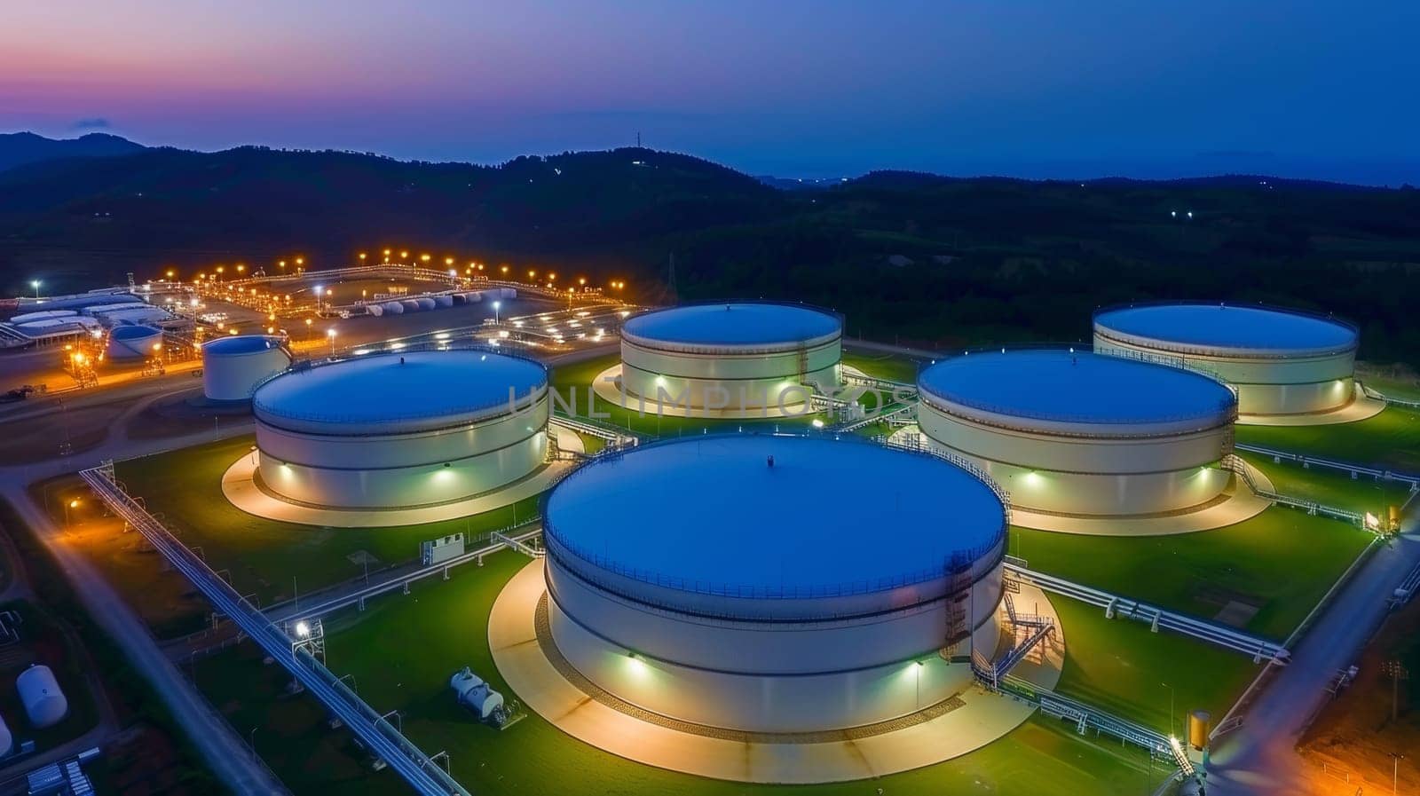 A sprawling industrial complex with numerous tanks and pipes is brilliantly illuminated at night, casting a glow over the surrounding field and buildings in the background