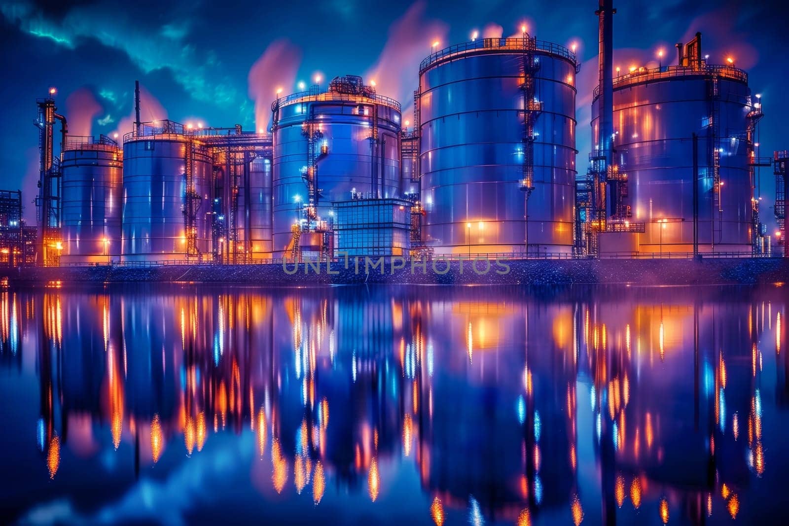 A nighttime scene of an industrial complex illuminated by the moonlight, showcasing a pattern of large tanks and pipes casting a blue glow