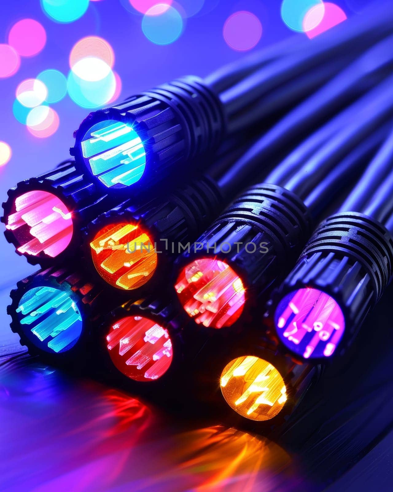 Close-up of illuminated fiber optic cables with colorful lights, showcasing advanced technology and high-speed data transfer against a vibrant, bokeh background