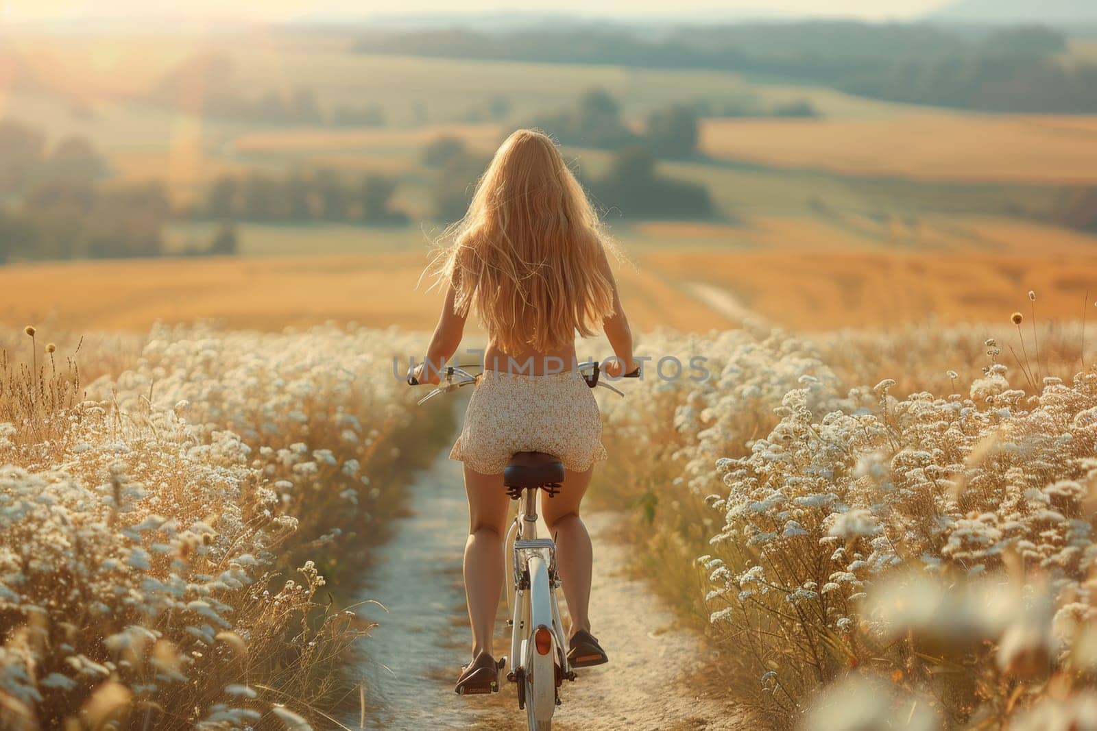 A young woman rides a bicycle on a field road in summer.