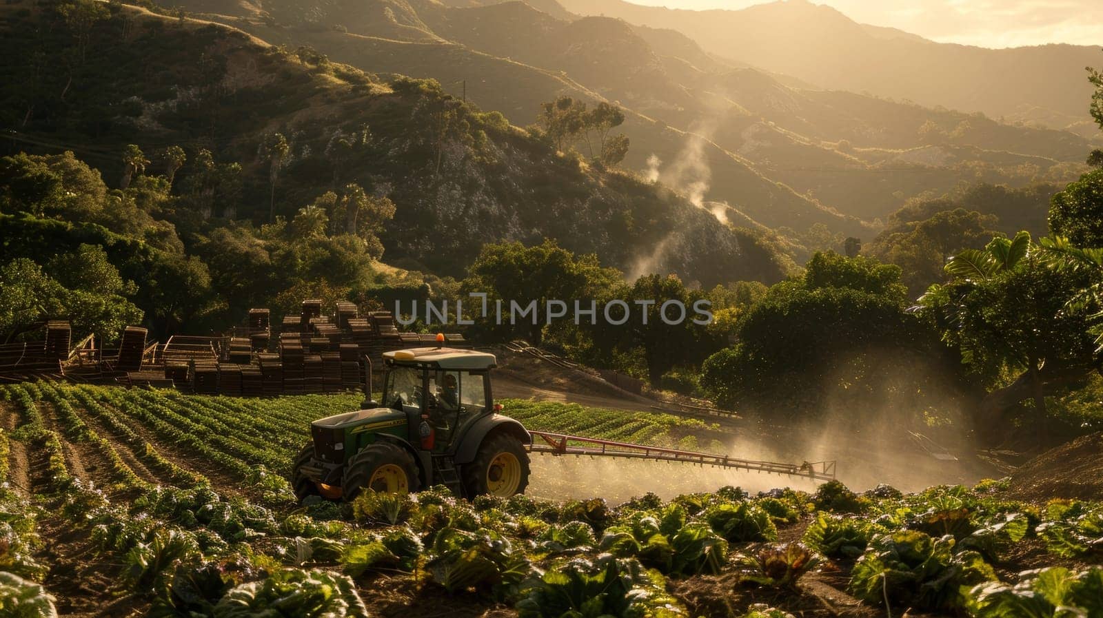 A farmer drives a tractor through a sprawling vegetable field, spraying pesticide over the lush, verdant crops as the sun sets over the rugged mountains in the distance