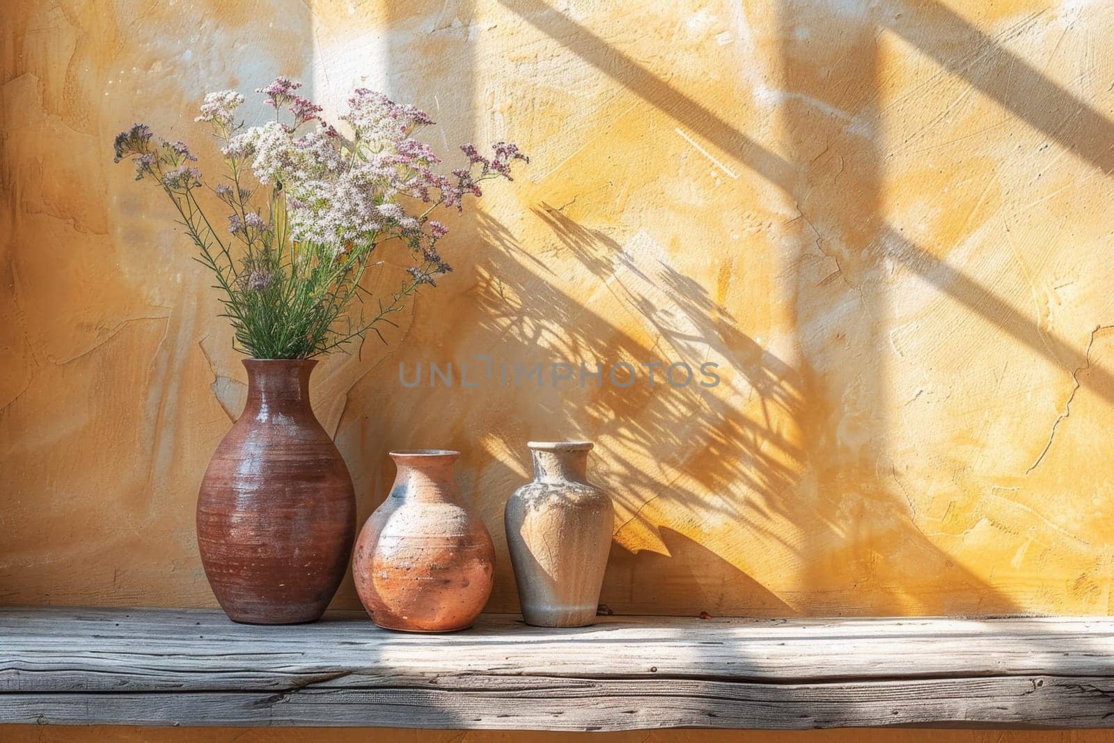 Decorative pitchers stand against a gray wall on a sunny day.