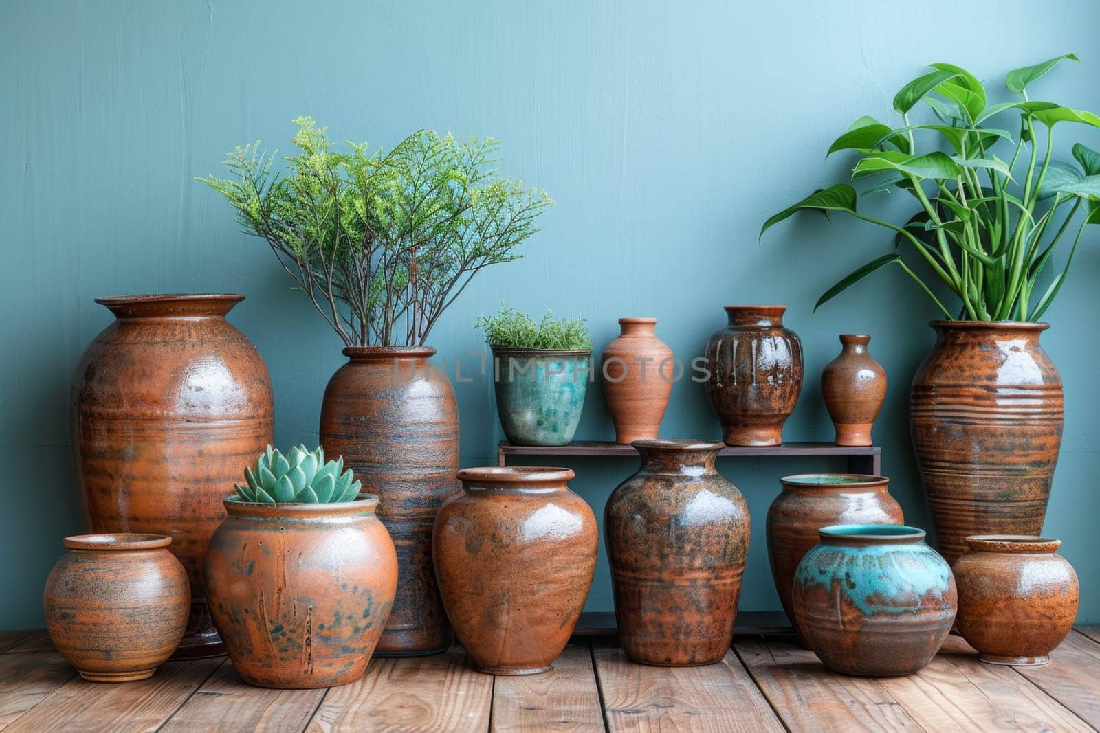 Decorative clay jugs on a blue background.