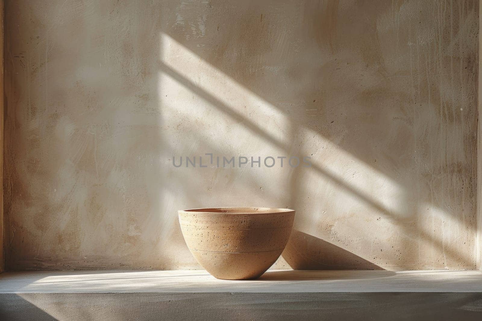 A decorative pitcher stands against a gray wall on a sunny day.