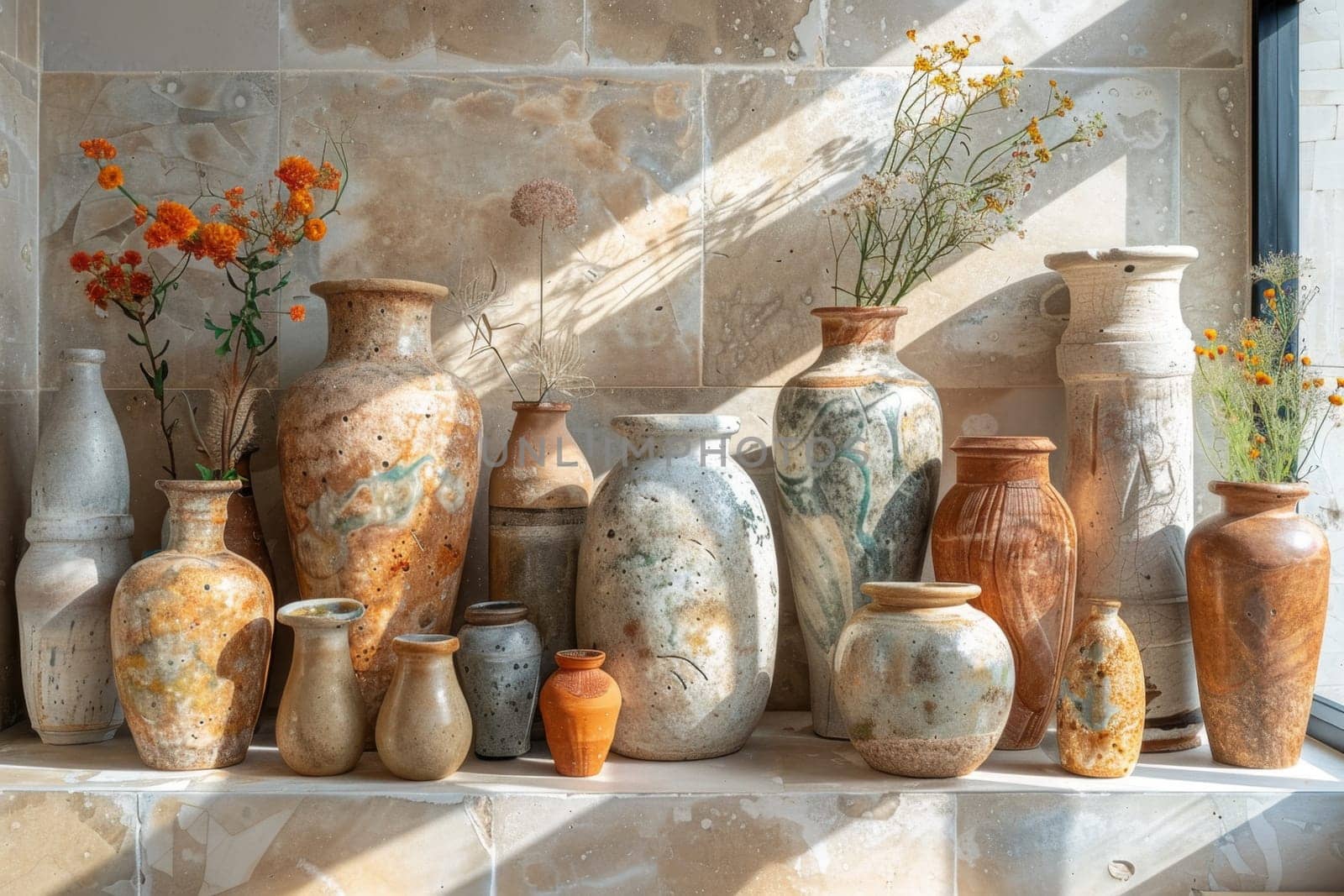 Decorative pitchers stand against a gray wall on a sunny day.