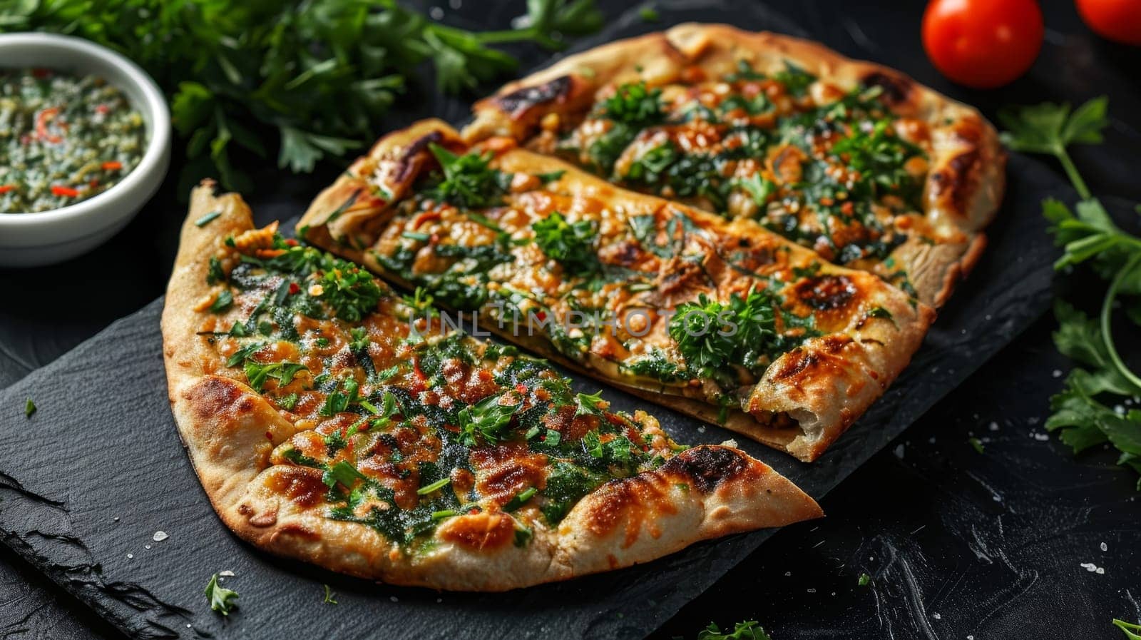 Azerbaijani qutab, stuffed flatbreads with greens or minced meat, served on a slate serving board. A traditional dish from Azerbaijan, delicious and flavorful