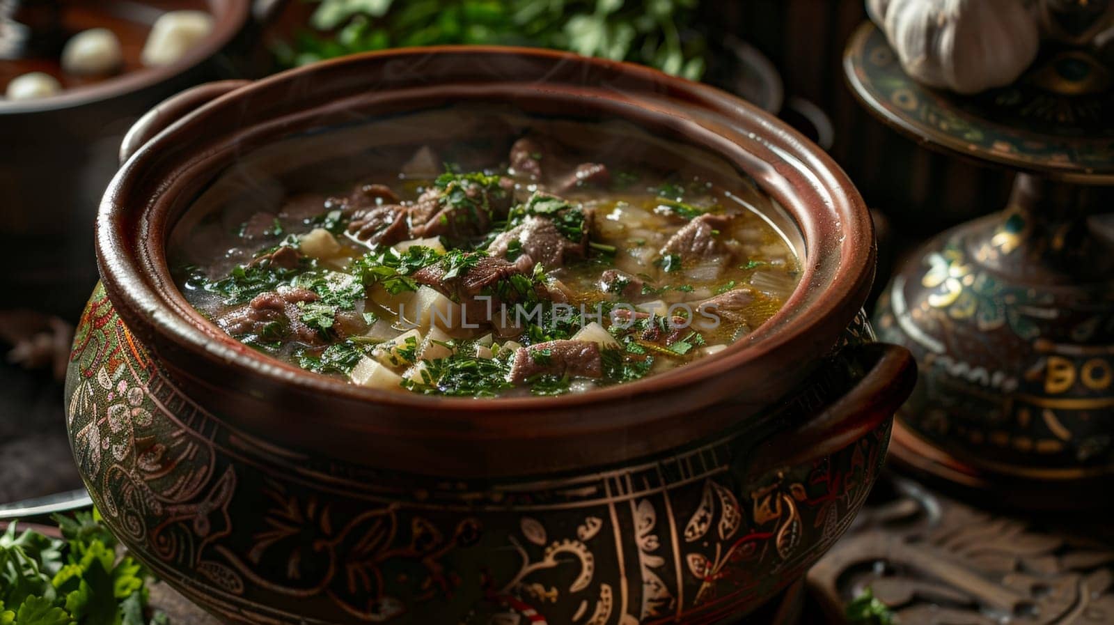 Armenian khash, a winter season soup made from beef or lamb feet, served in a large pot. A traditional and hearty dish from Armenia