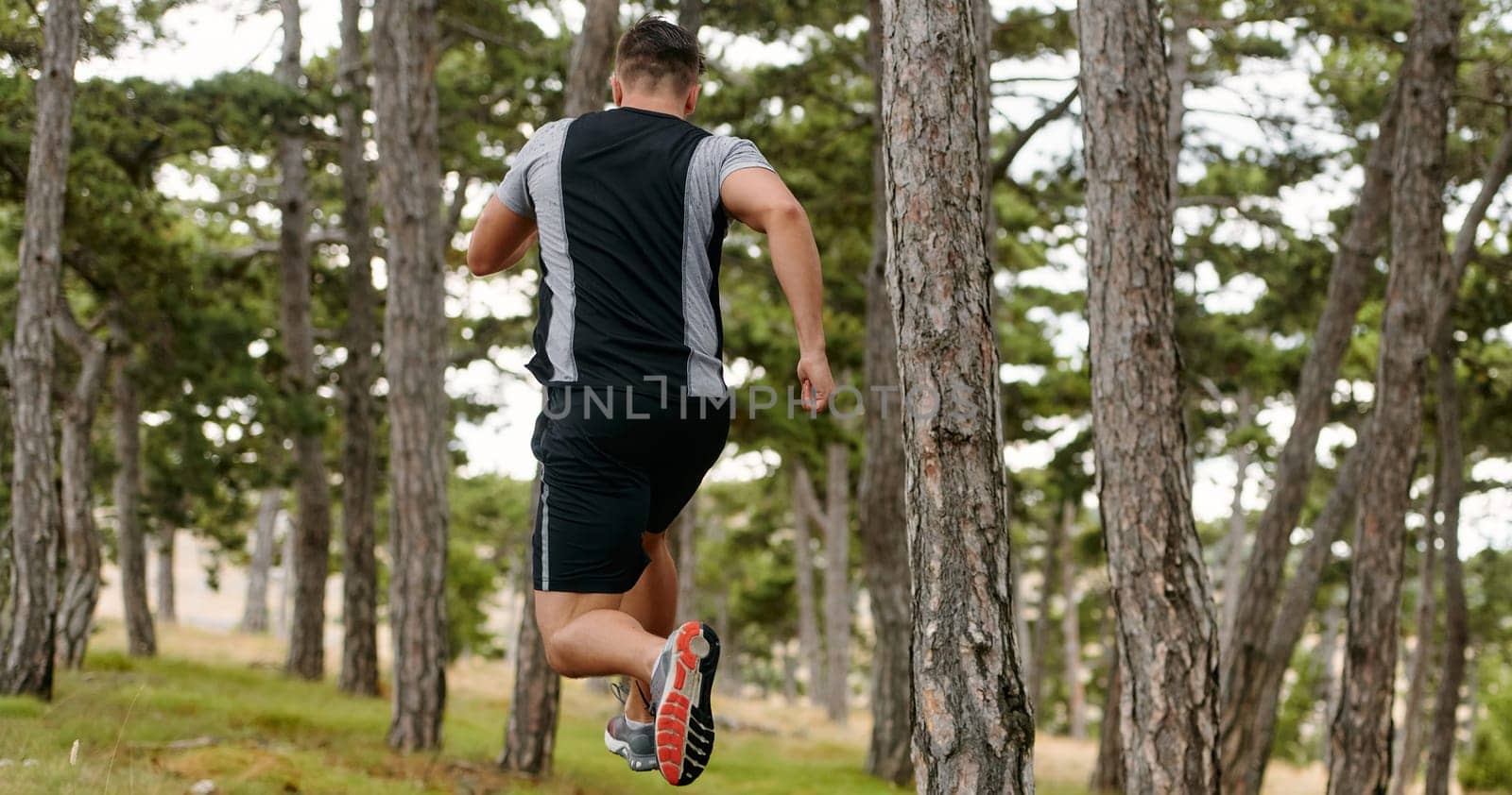 An unwavering man dashes through perilous forest paths, skillfully hurdling over wooden obstacles with determination and agility, epitomizing courage and athleticism