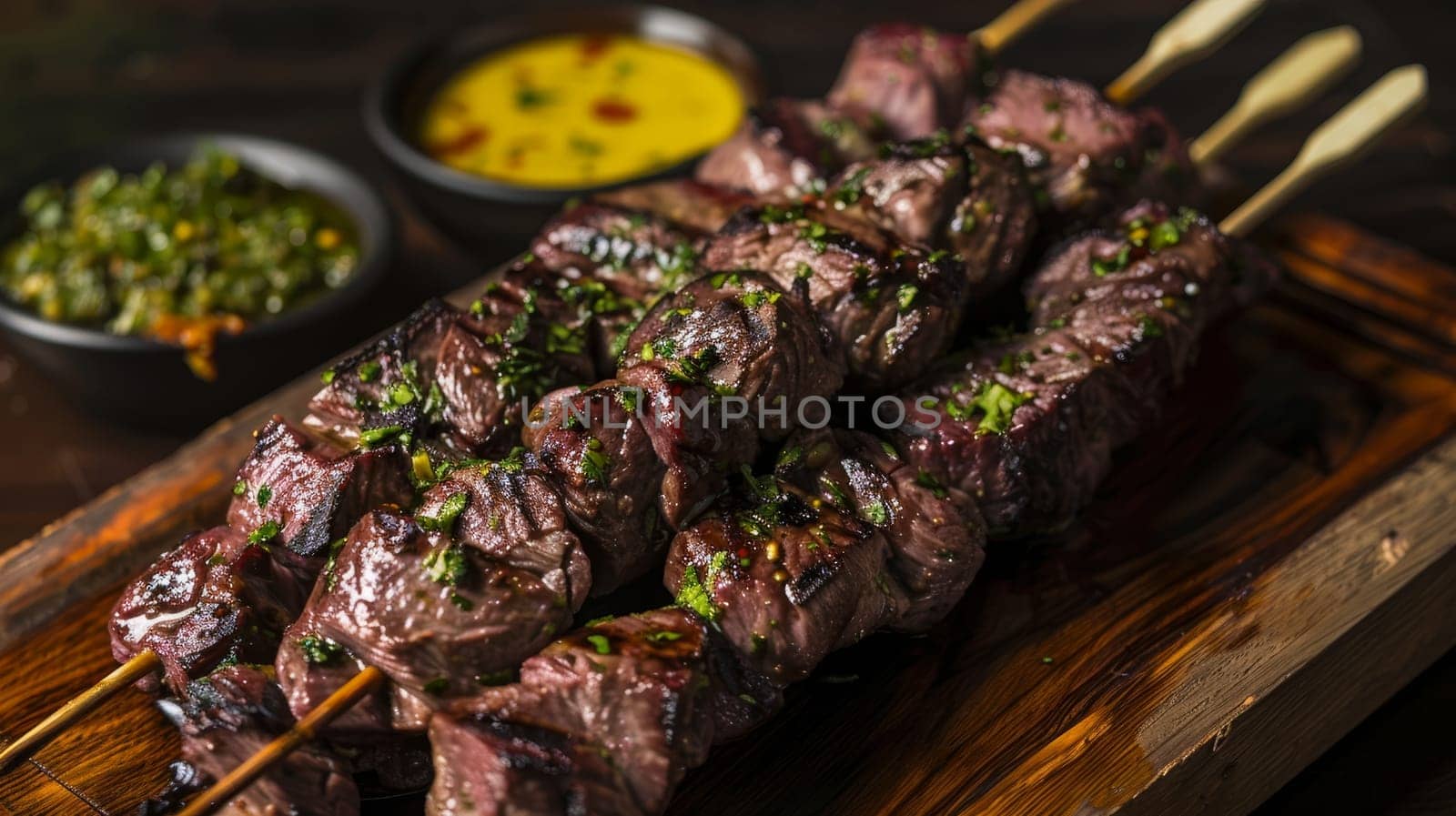 Peruvian anticuchos, grilled heart meat marinated in garlic and spices, served on a skewer. A flavorful and traditional dish from Peru