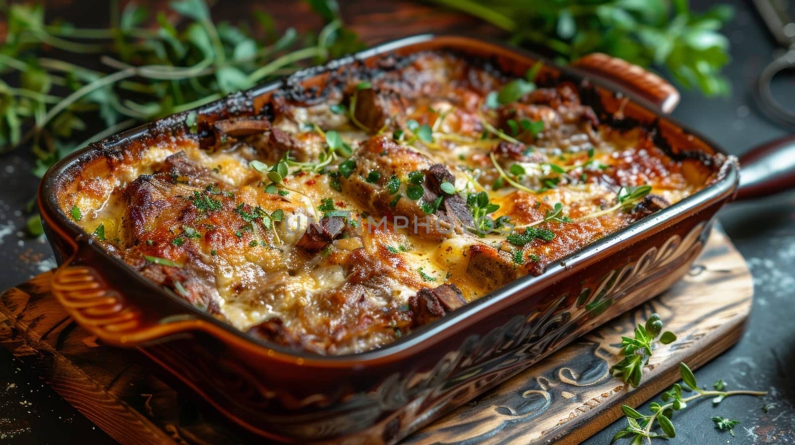 Albanian tave kosi or tave elbasani, lamb baked in a yogurt and egg custard, served in a baking dish. A flavorful and traditional Albanian dish