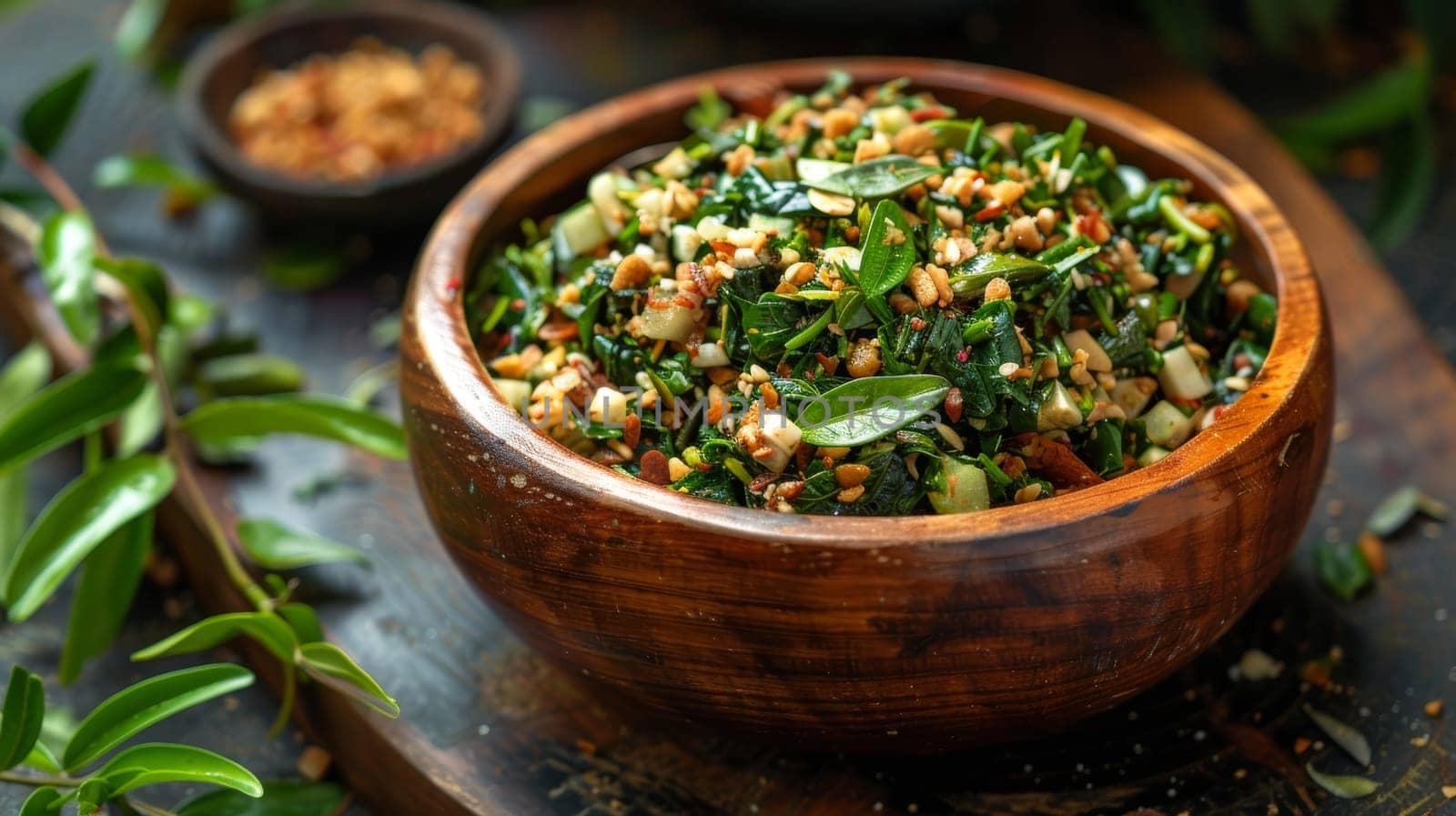 Burmese tea leaf salad lahpet thoke, fermented tea leaves with nuts and seeds, served in a wooden bowl. A traditional and flavorful dish from Burma. by sfinks