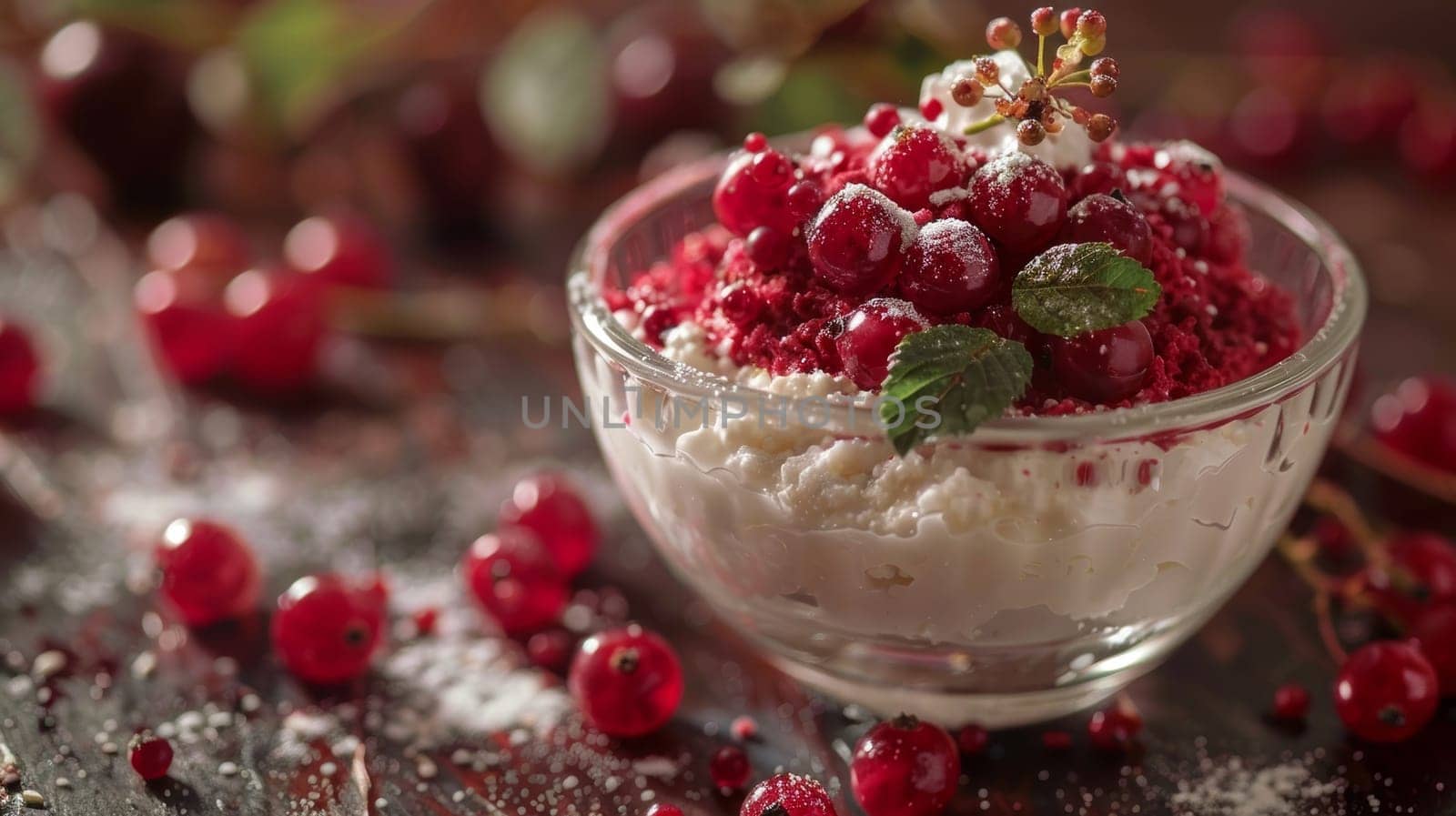 Estonian kama with yogurt in a glass bowl, a mixture of ground grains with fresh berries. A traditional and healthy Estonian dish