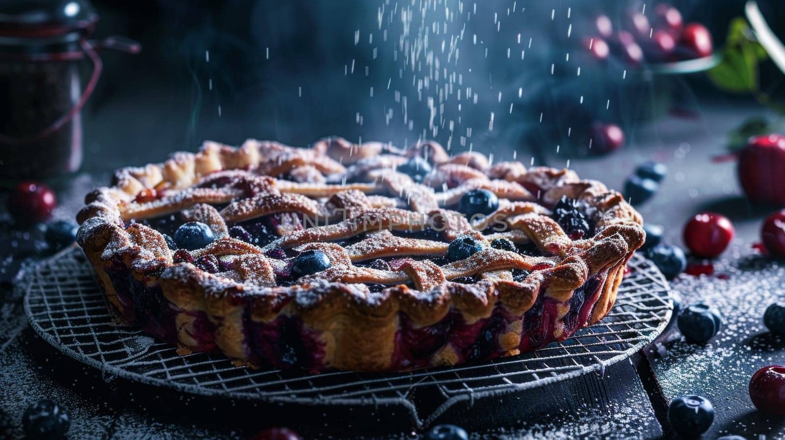 Finnish mustikkapiirakka blueberry pie on a cooling rack, with a dusting of sugar. A traditional and delightful Finnish dessert. by sfinks