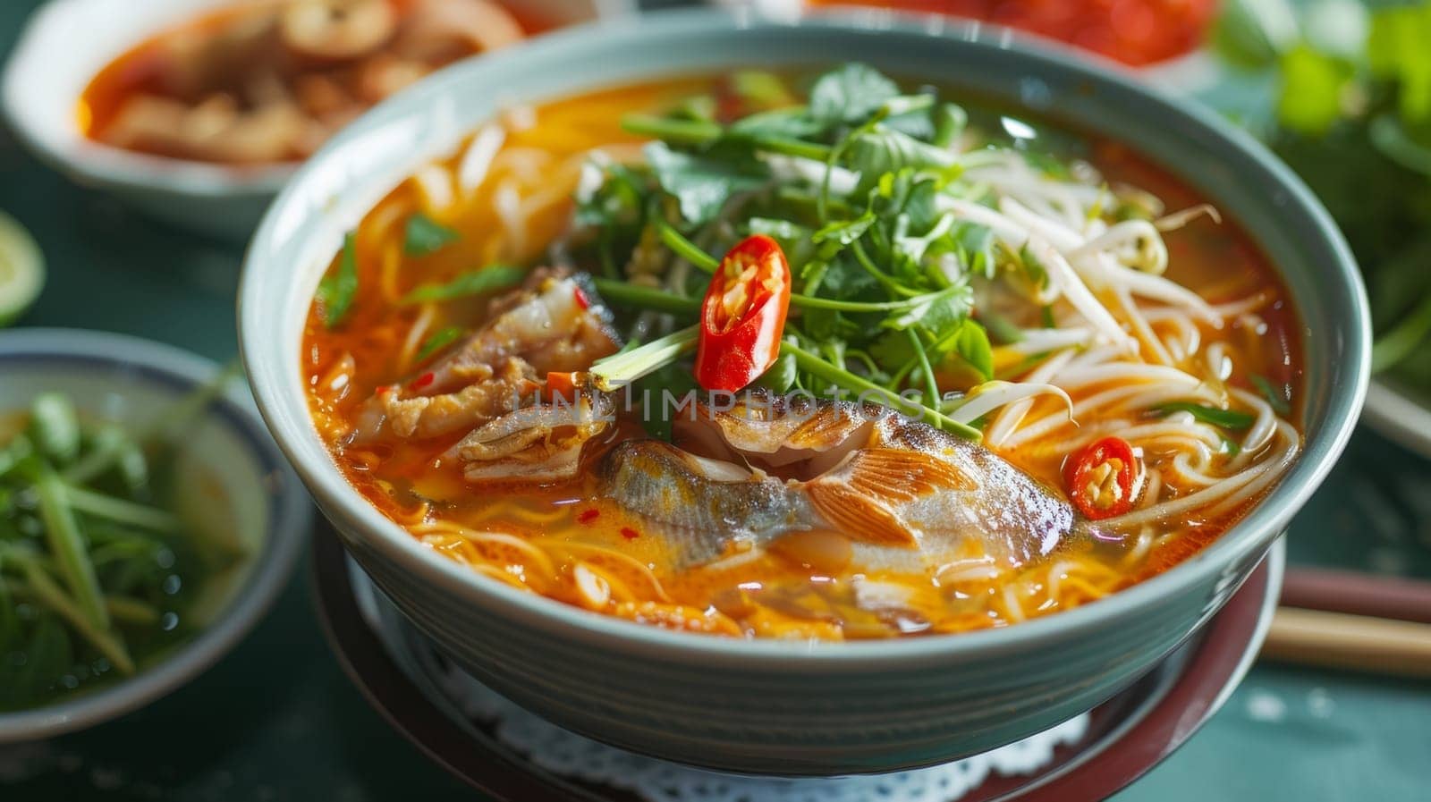 Myanmar mohinga, fish broth soup with noodles and lemongrass, served in a bowl. A traditional and flavorful dish from Myanmar. by sfinks