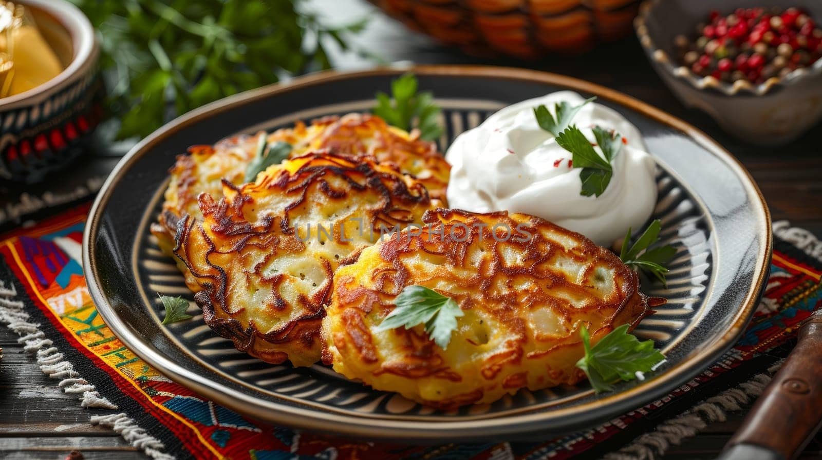 Belarusian draniki, thick potato pancakes served with sour cream, on a traditional plate. A hearty and traditional dish from Belarus. by sfinks