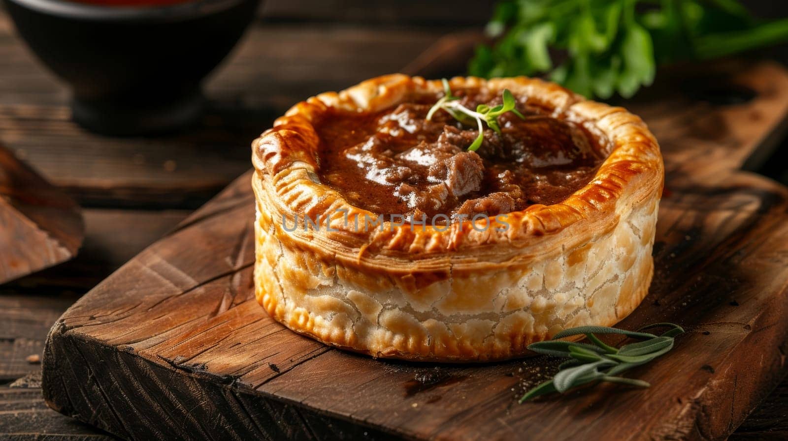 Australian meat pie, flaky crust filled with minced meat and gravy, served on a wooden board. A traditional and flavorful dish from Australia