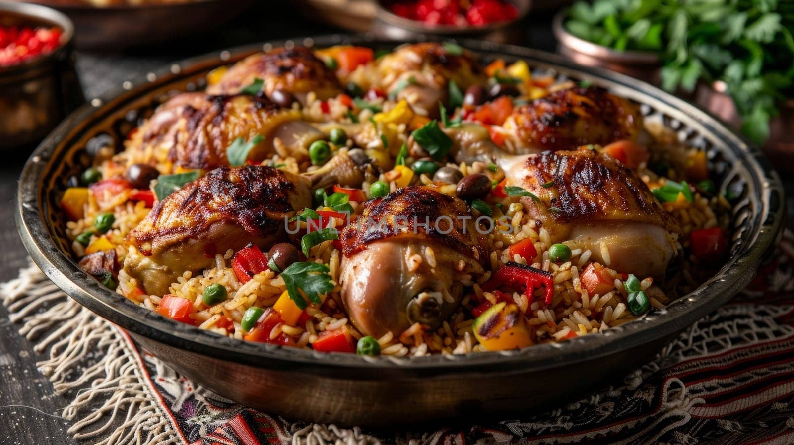 Palestinian maqluba, an upside-down rice cake with chicken and vegetables, served in a large serving dish. A traditional and flavorful dish from Palestine