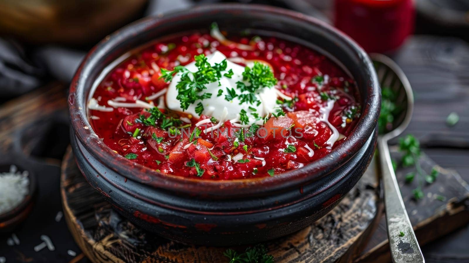 Ukrainian borscht, a traditional soup made with beetroot and vegetables, garnished with sour cream and fresh parsley, served in a rustic pot. by sfinks