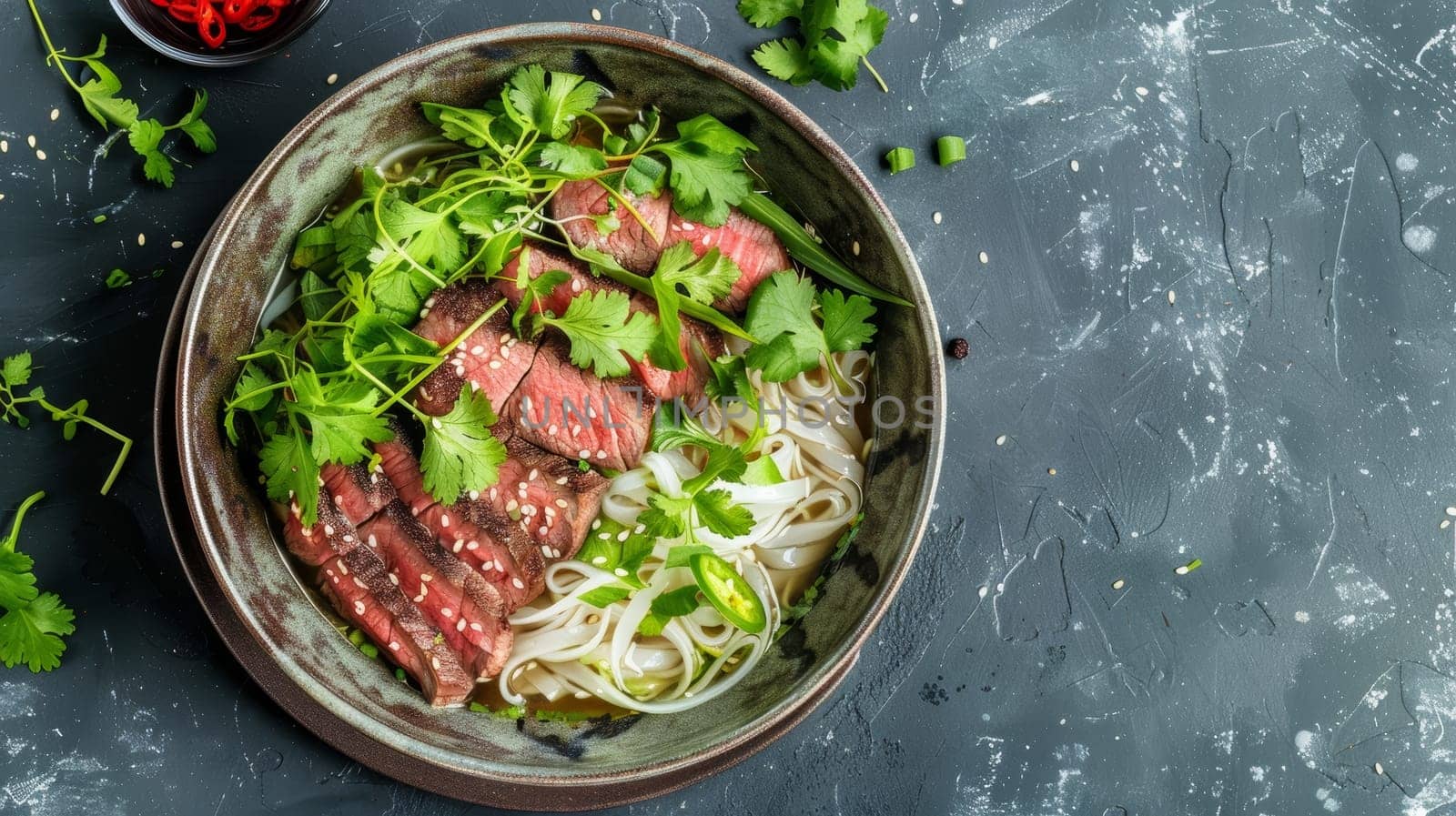 Aromatic Vietnamese pho, a traditional dish featuring noodles, beef slices, and fresh herbs in a flavorful broth. A popular and delicious meal from Vietnam's culinary heritage. by sfinks