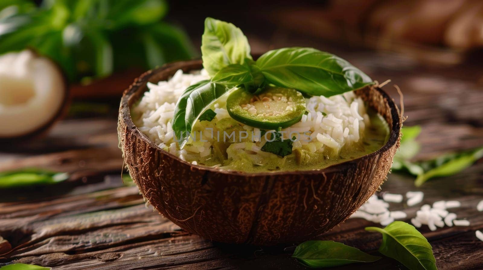 Thai green curry served in a coconut shell, accompanied by fragrant jasmine rice and fresh basil leaves. A delicious and aromatic dish representing the flavors of Thailand. by sfinks