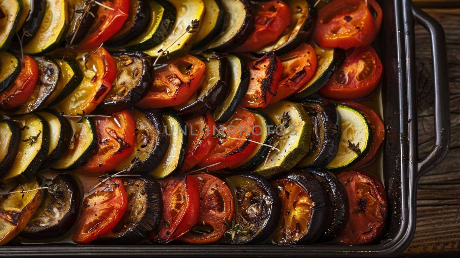 French ratatouille presented in a rustic baking dish, showcasing colorful slices of zucchini, tomato, eggplant, and bell pepper. A traditional Provencal vegetable stew bursting with Mediterranean. by sfinks