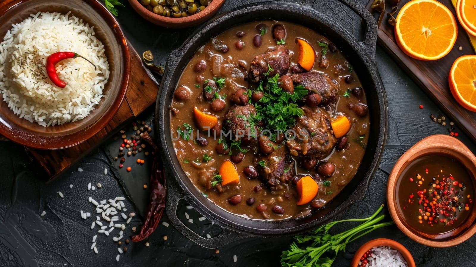 Brazilian feijoada served in a cast-iron pot, accompanied by rice, oranges, and farofa. A traditional Brazilian dish, rich and flavorful