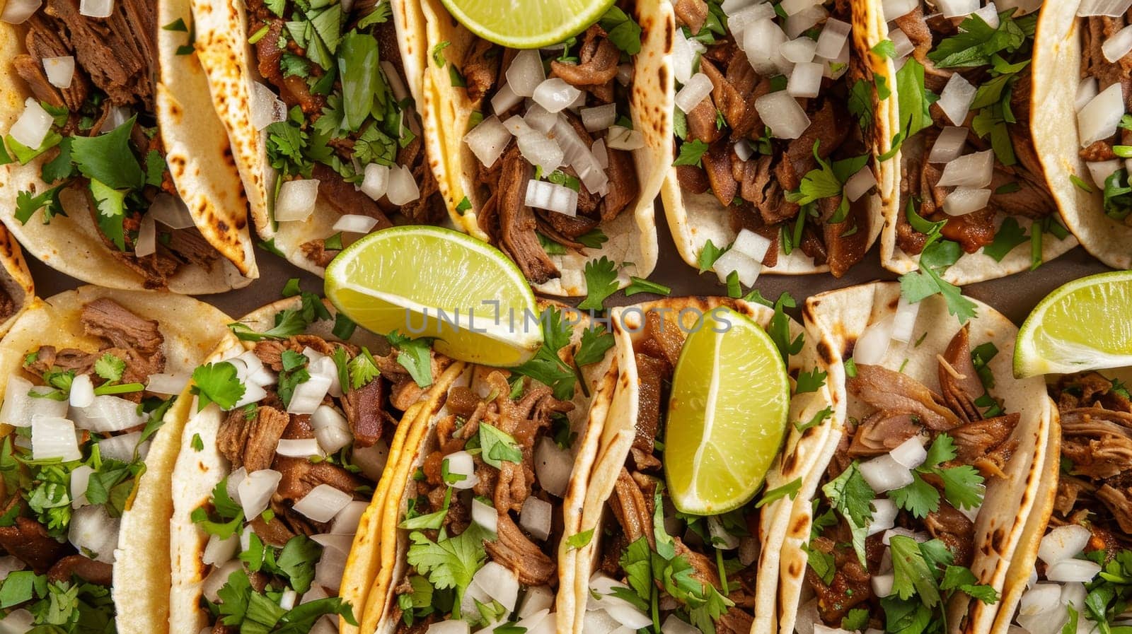 A vibrant display of Mexican tacos with fresh cilantro, onions, and lime slices. A colorful and flavorful representation of traditional Mexican street food