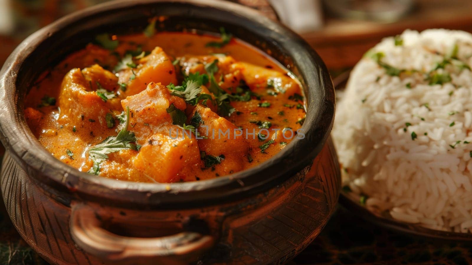 Close-up of spicy Indian curry served in a traditional clay pot with rice on the side. A flavorful and aromatic dish representing the rich culinary heritage of India