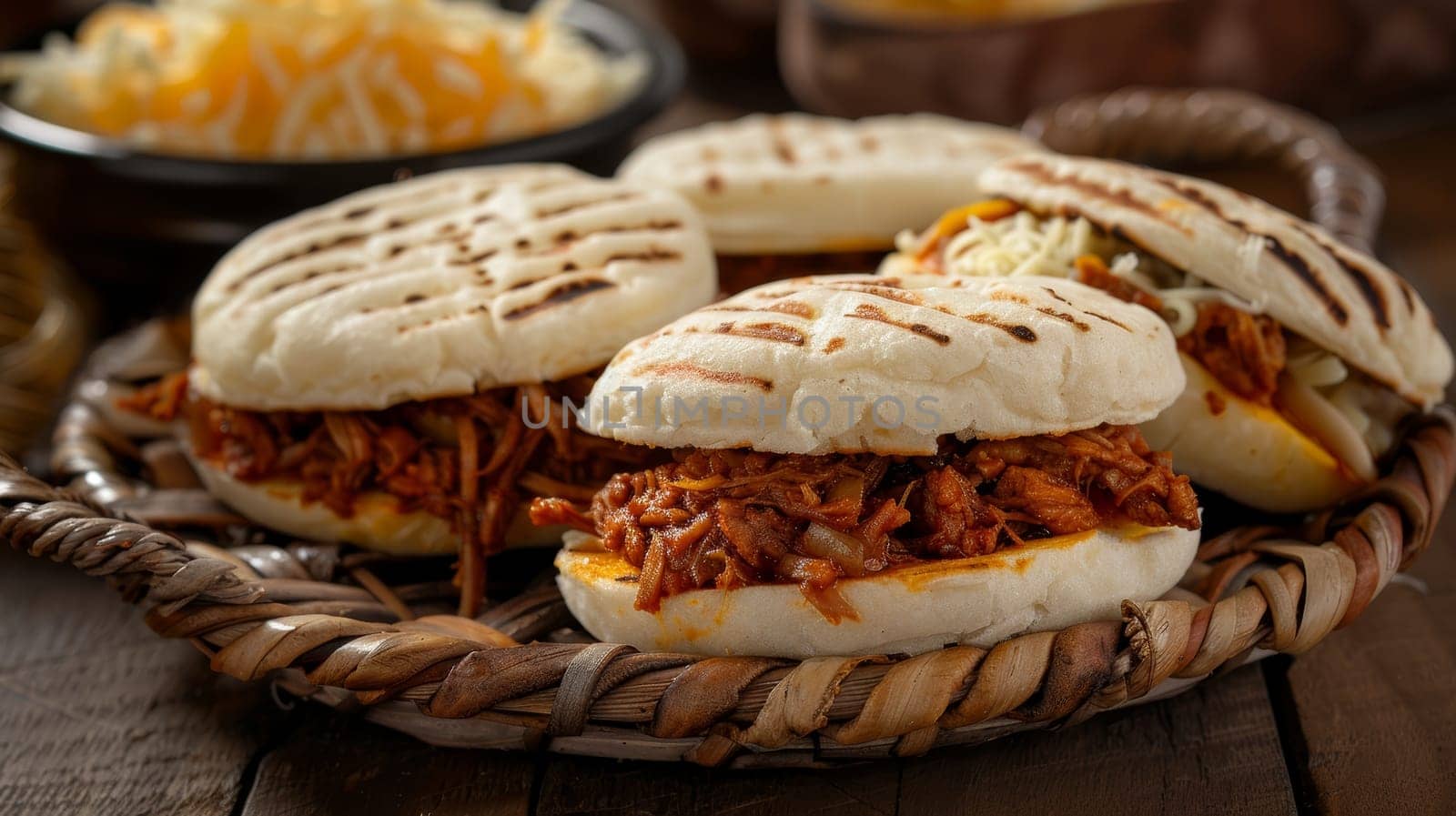 Venezuelan arepas, cornmeal cakes stuffed with cheese, pulled pork, or beans, served on a woven basket. A traditional and flavorful dish from Venezuela. by sfinks