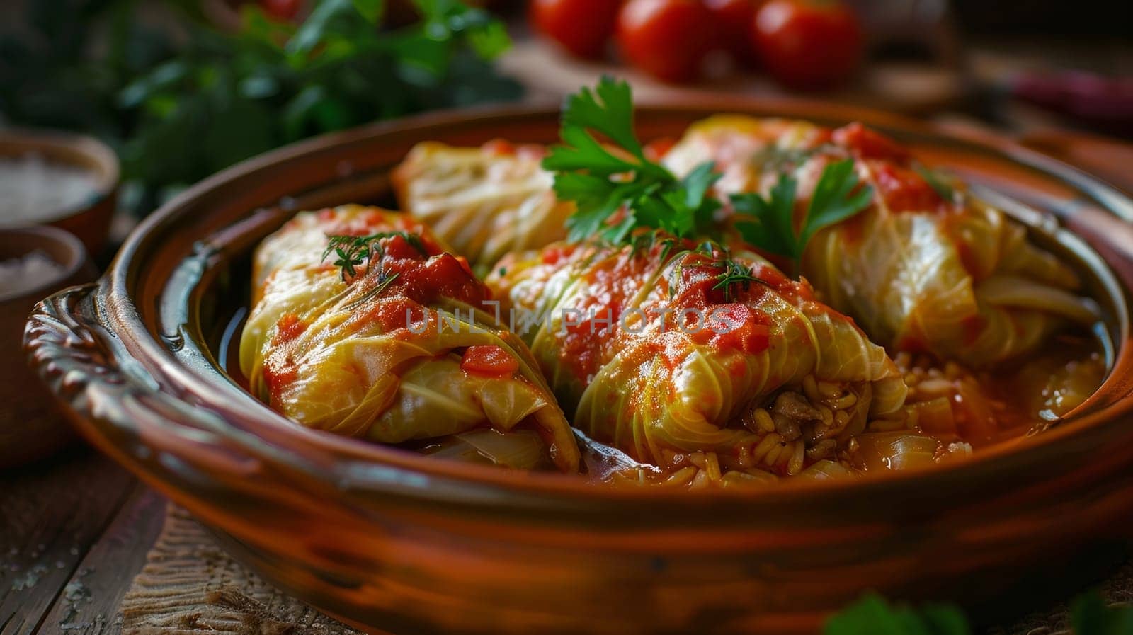 Romanian sarmale in a clay dish, cabbage rolls stuffed with minced meat and rice. A traditional and flavorful dish from Romania