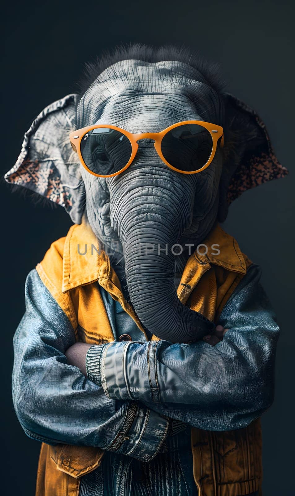 An elephant in sunglasses and a jacket with arms crossed by Nadtochiy