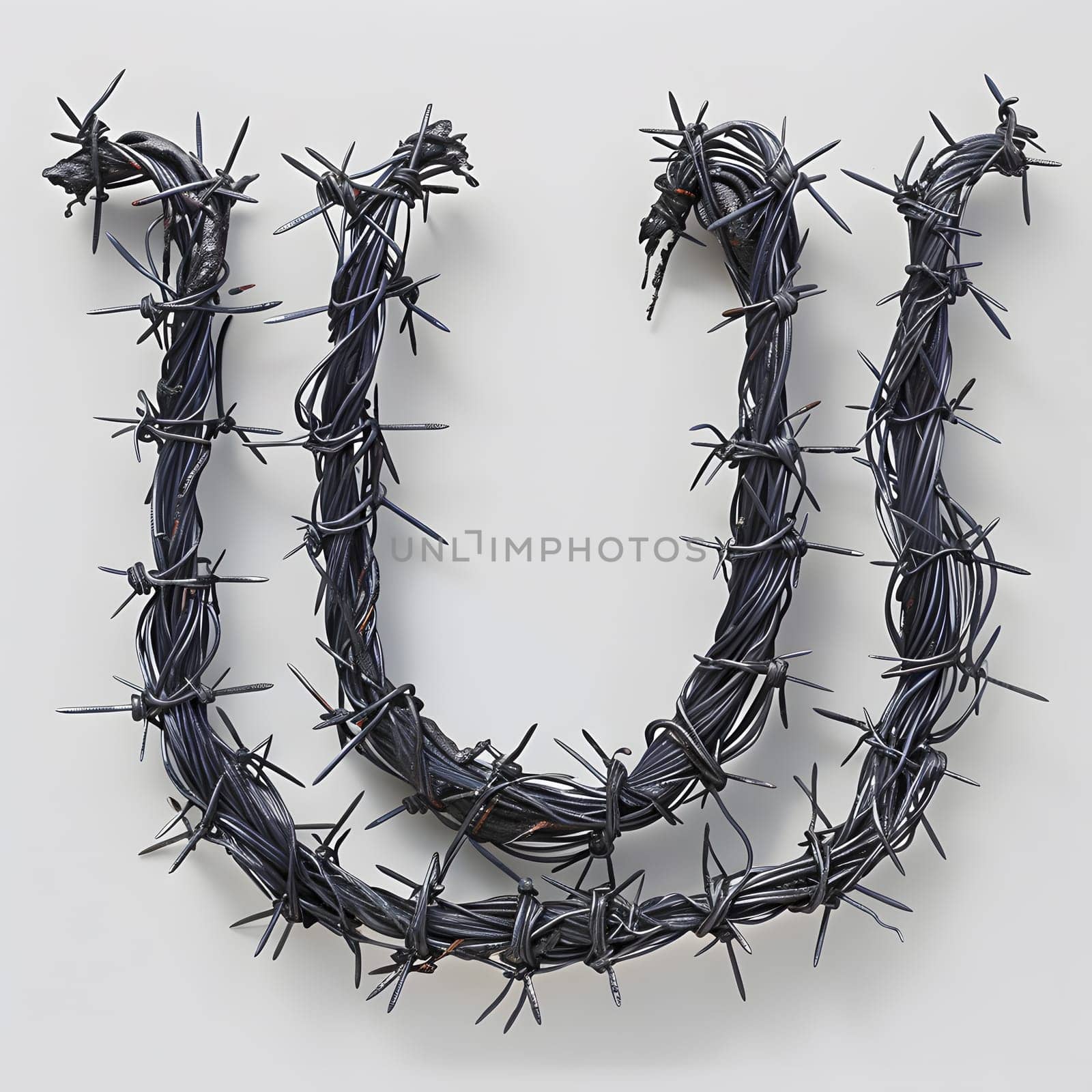 The letter u is crafted from barbed wire, resembling a twisted plant stem by Nadtochiy