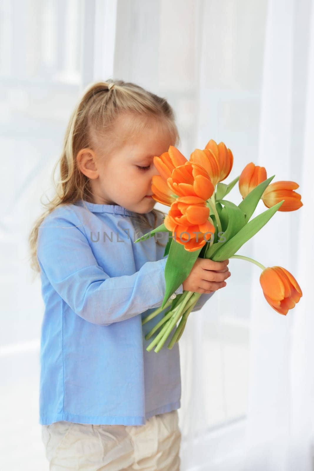 Girl holds and sniffing orange tulips Spring