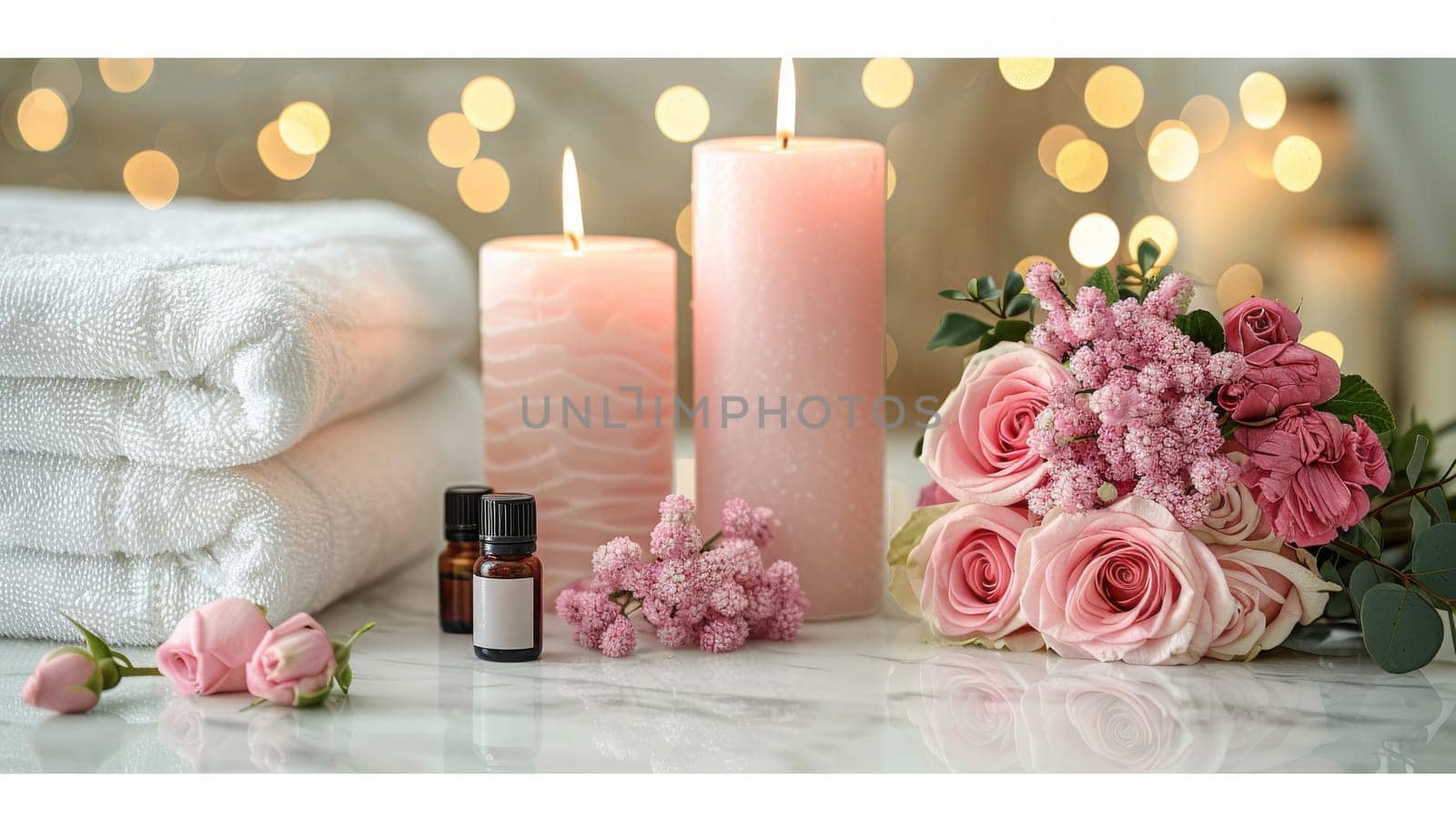 A set of white towels are stacked on top of each other, with a candle and a vase of flowers in between. Concept of relaxation and comfort, as the towels and candles suggest a spa-like atmosphere