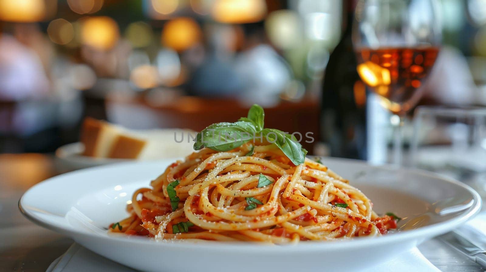 A plate of spaghetti with a glass of wine on a table. The atmosphere is casual and relaxed, with a few people in the background