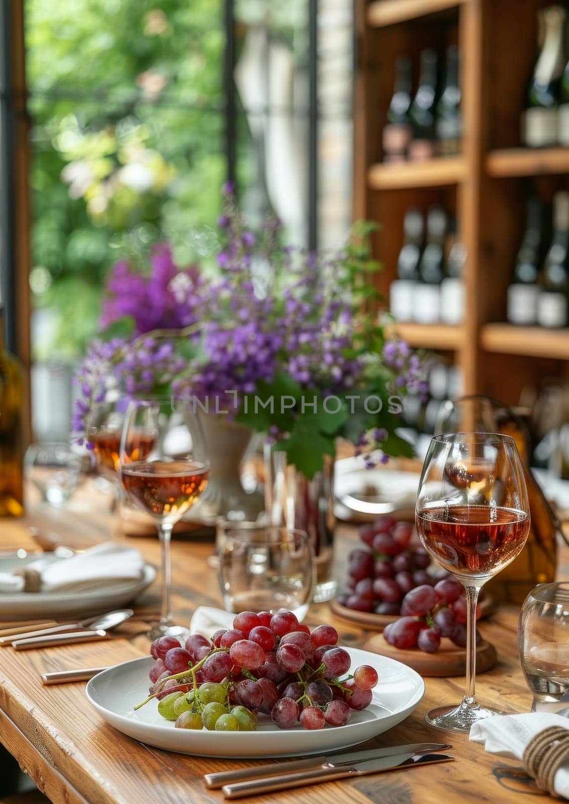 A bottle of wine sits on a table next to two wine glasses and a plate of grapes. The scene is set in a restaurant, with a dining table and chairs surrounding the wine glasses and grapes