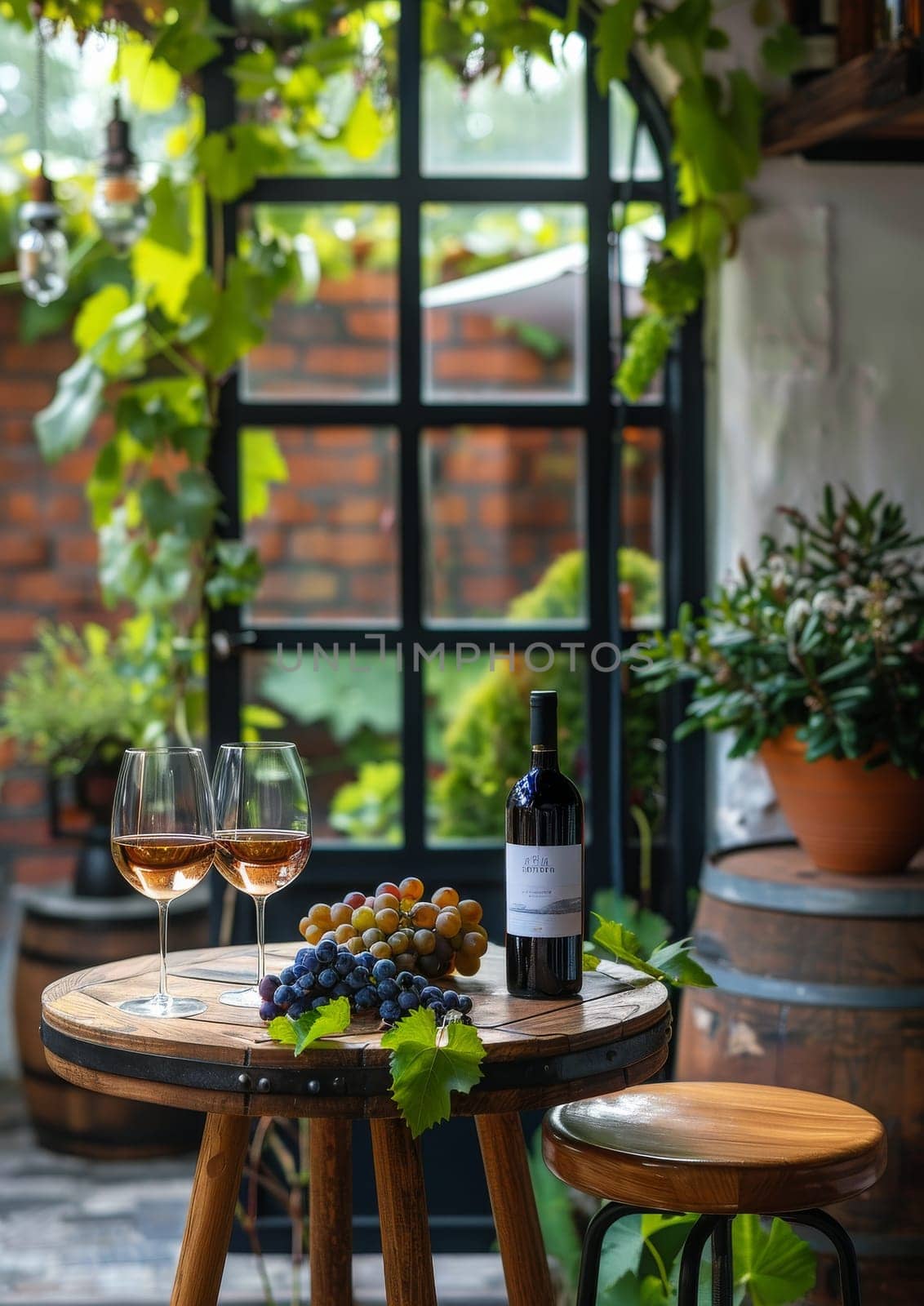 A bottle of wine sits on a table next to two wine glasses and a plate of grapes. The scene is set in a restaurant, with a dining table and chairs surrounding the wine glasses and grapes