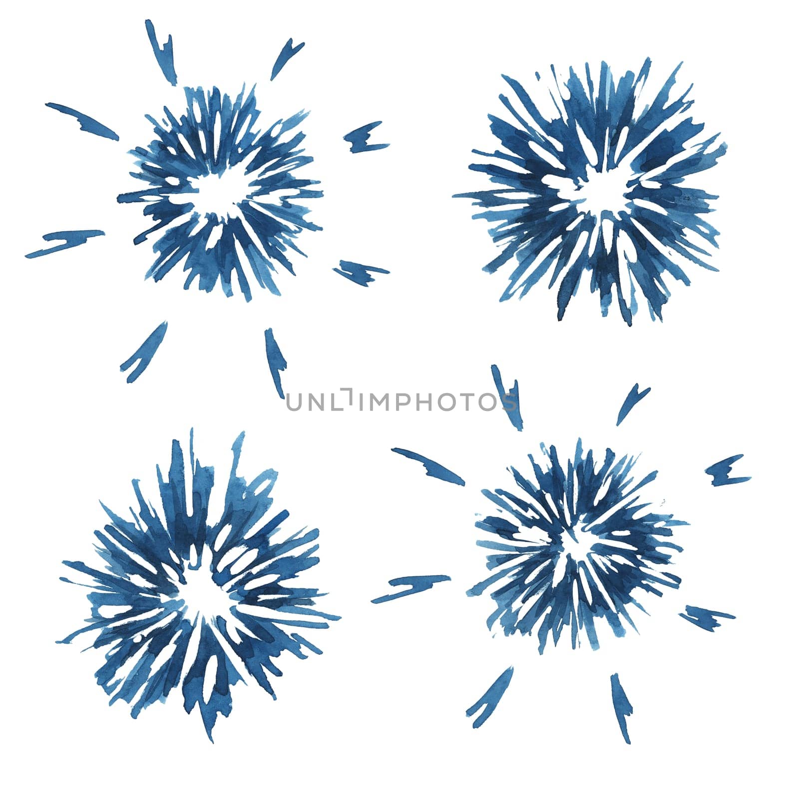 Blue fireworks, Fourth of July, USA Independence day national holiday design elements. Firework bursts, explosions. Watercolor clipart for 4th of July by Fofito