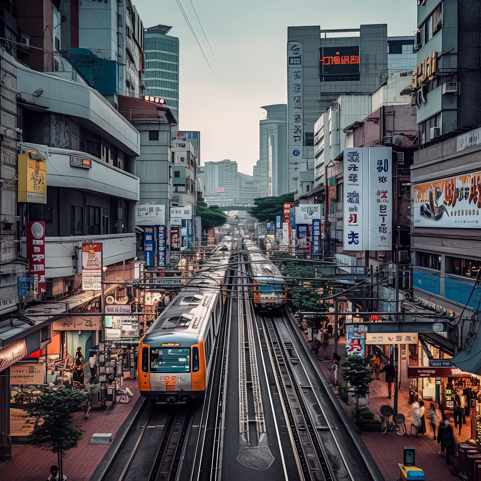 A train is traveling down a track in a city with many people walking around. The train is yellow and is surrounded by tall buildings. Scene is busy and bustling