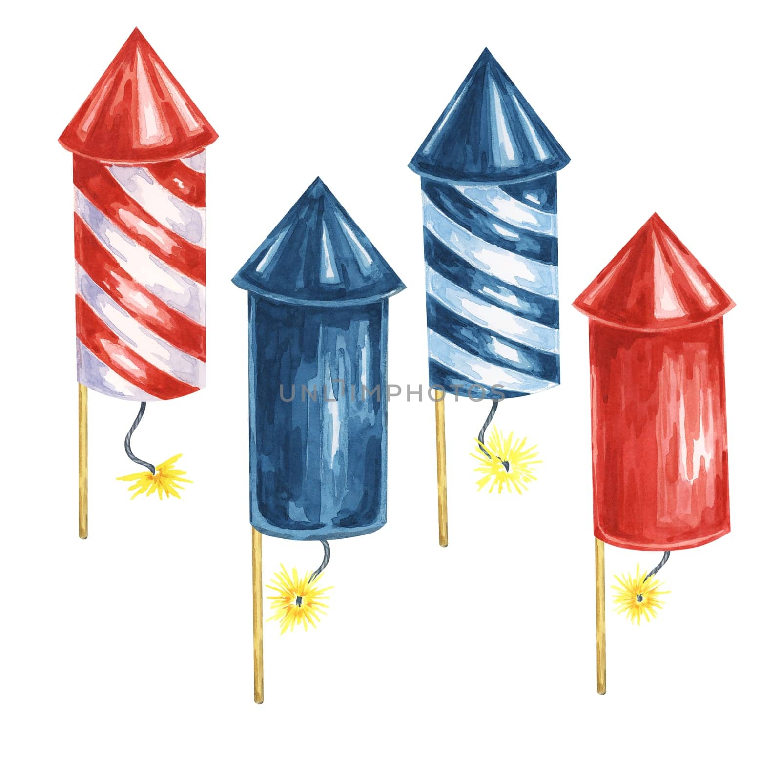 Red and Blue firecrackers for Fourth of July, USA Independence day national holiday design elements. Festive Crackers Watercolor clipart 4th of July by Fofito