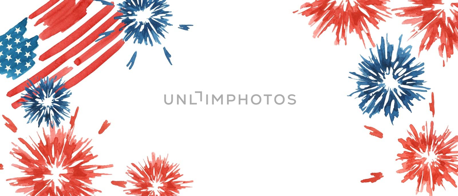 Fourth of July banner. USA flag and fireworks explosions. Independence day holiday we are closed template. Hand drawn watercolor 4th of July clipart by Fofito