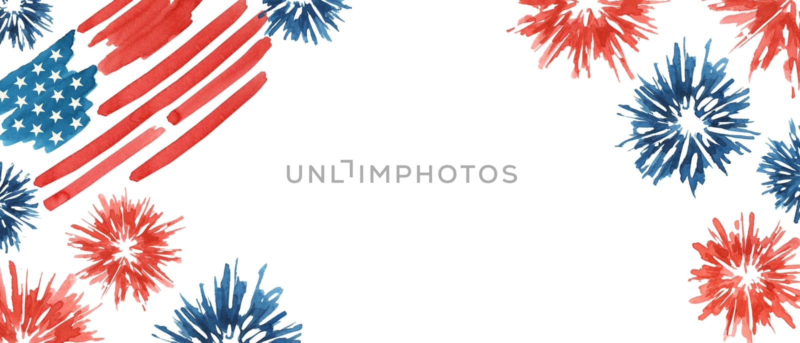 Fourth of July banner. USA flag and fireworks explosions. Independence day national holiday we are closed template. Hand drawn watercolor 4th of July clipart for web announcement, banner, coupon, sale