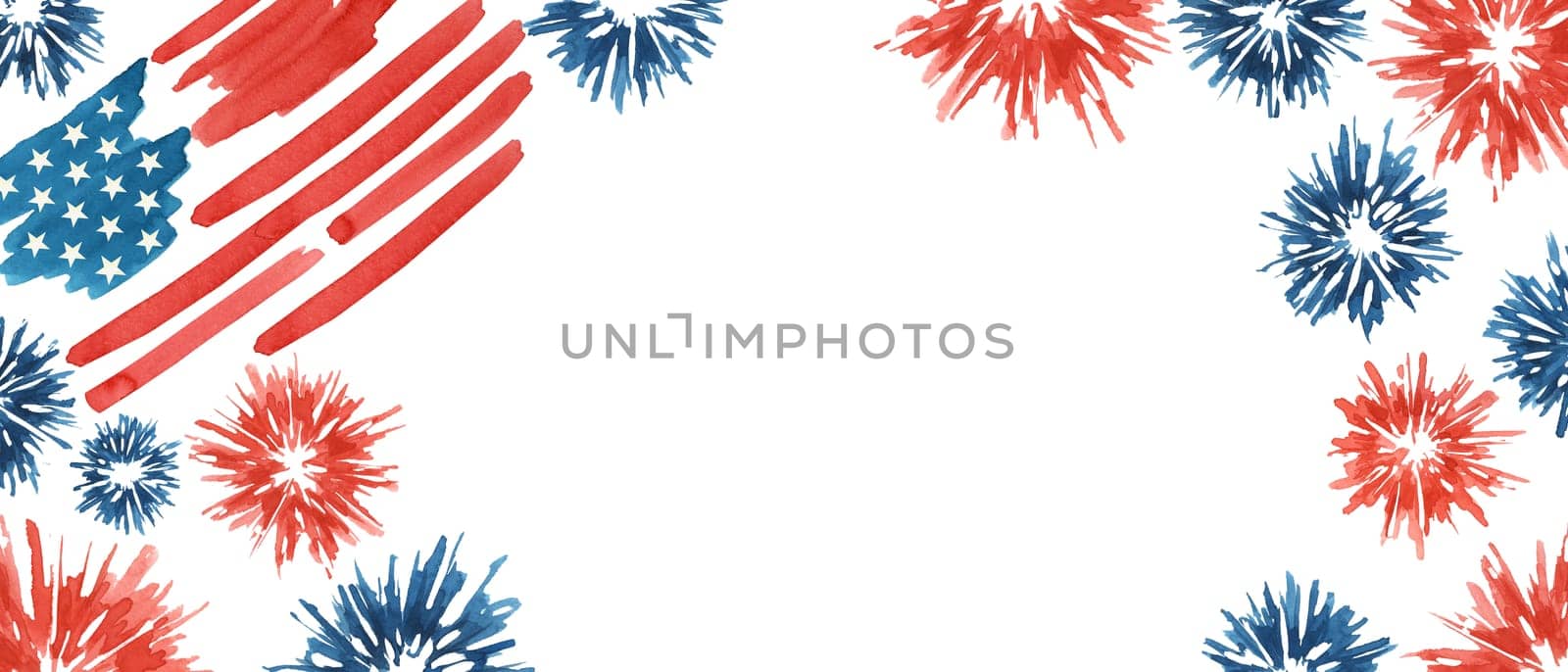 Fourth of July banner. USA flag and fireworks explosions. Independence day national holiday we are closed template. Hand drawn watercolor 4th of July clipart for web announcement, banner, coupon, sale